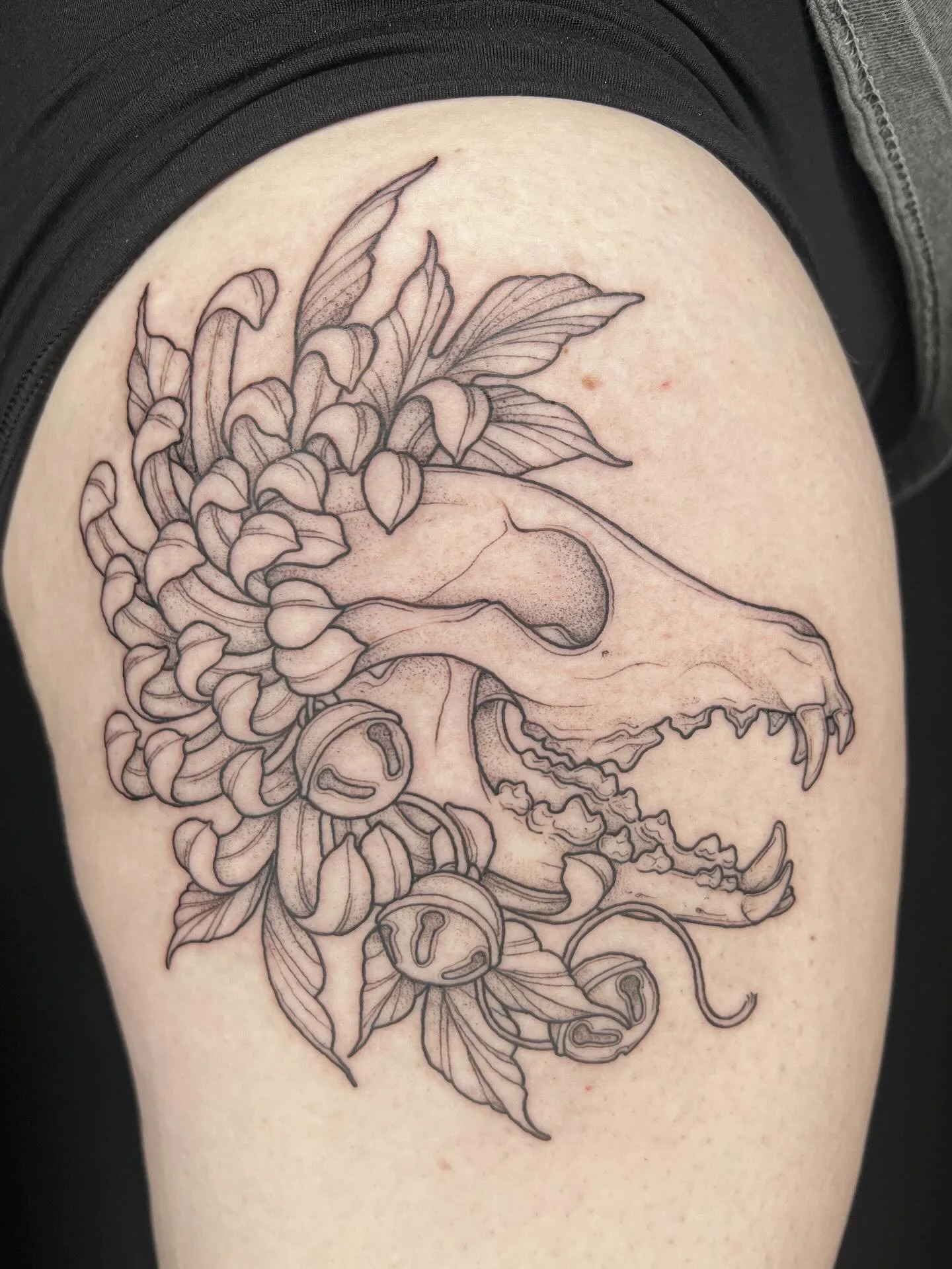 Huge thank you to S for picking up this fox skull and chrysanthemum pre-drawn piece ❤️ it was a blast seeing and tattooing you again! 
.
.
.
#naturetattoo #floraltattoo #michigantattooartist #grandrapidstattoo #femaletattooartist