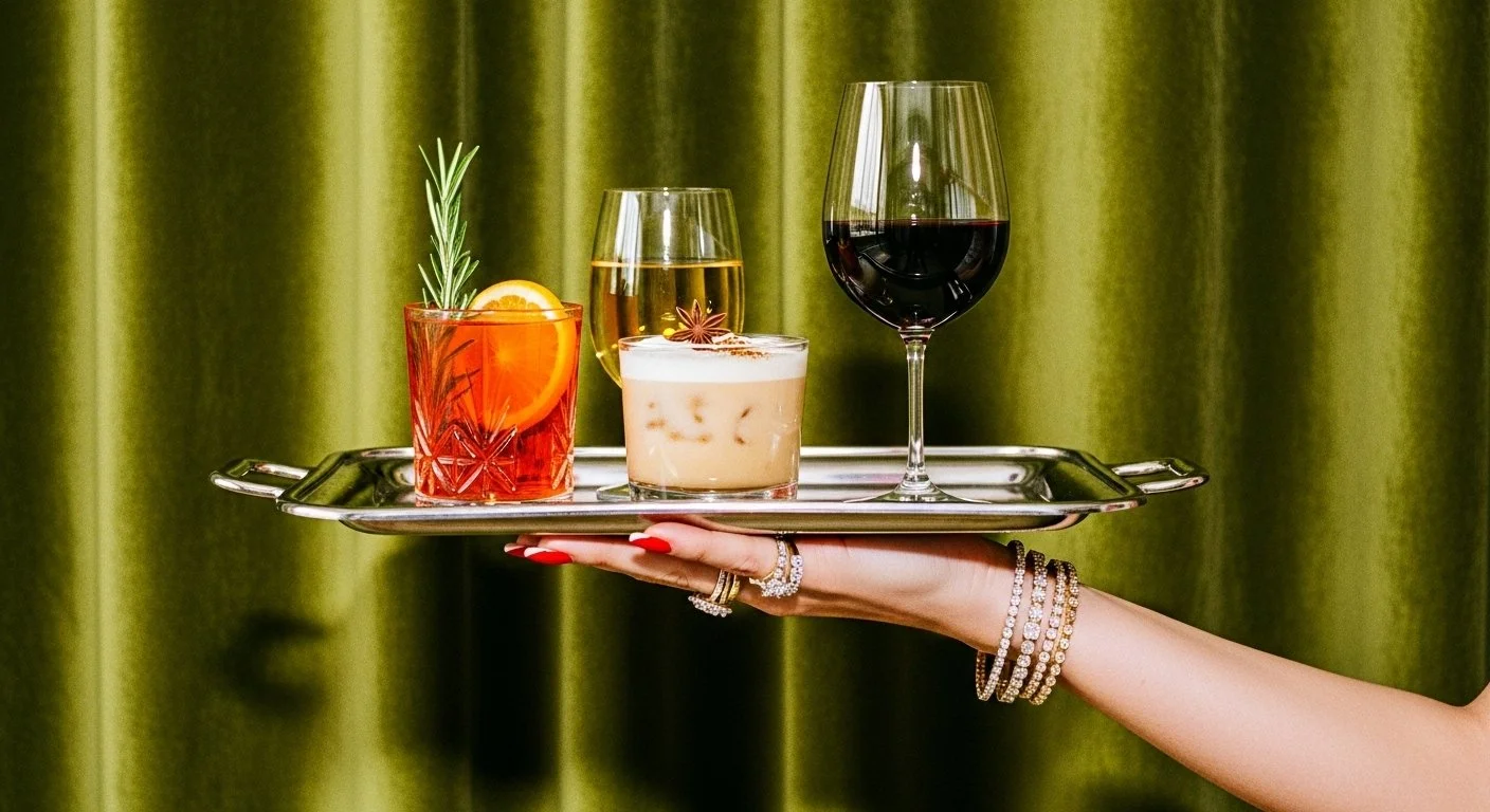 Straight-on view of a woman's manicured hand holding a silver serving tray with a glass of Aperol spritz with a rosemary garnish, a glass of whiskey eggnog with a star anise garnish, and a glass of red wine. She has several diamond and  (2).png