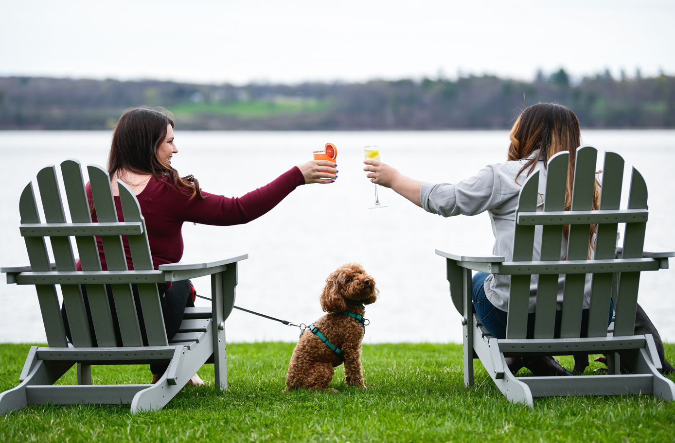 Two women sitting on Adirondack chairs near a lake, clinking colorful drinks, with a brown curly-haired dog sitting between them on the grass.