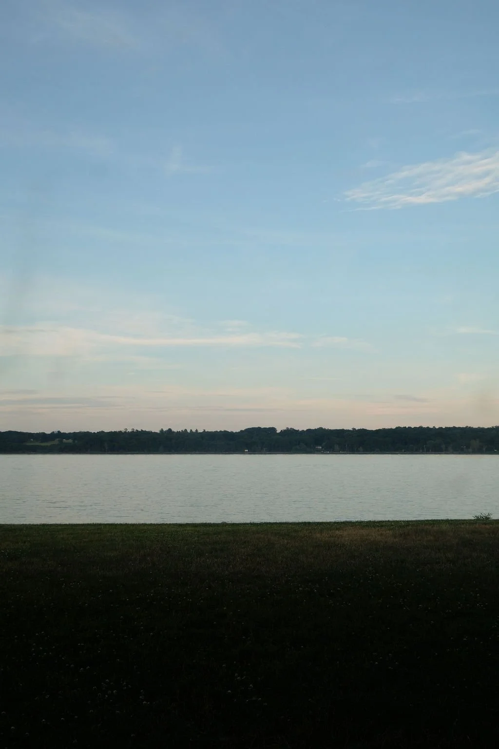 View of the Hudson River with calm water, a grassy shoreline in the foreground, and a tree-lined horizon under a mostly cloudy sky.