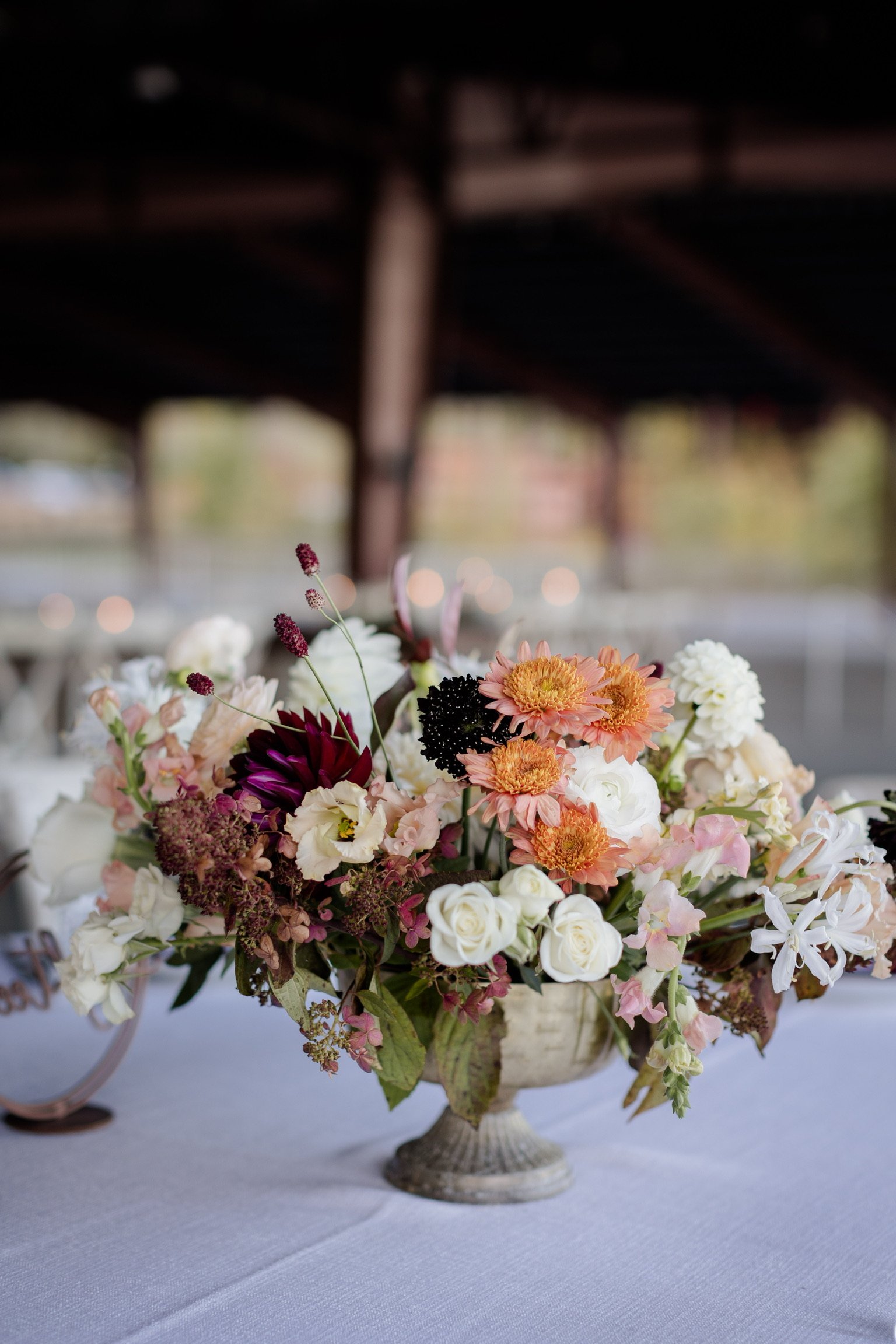 Floral bouquet at an outdoor wedding