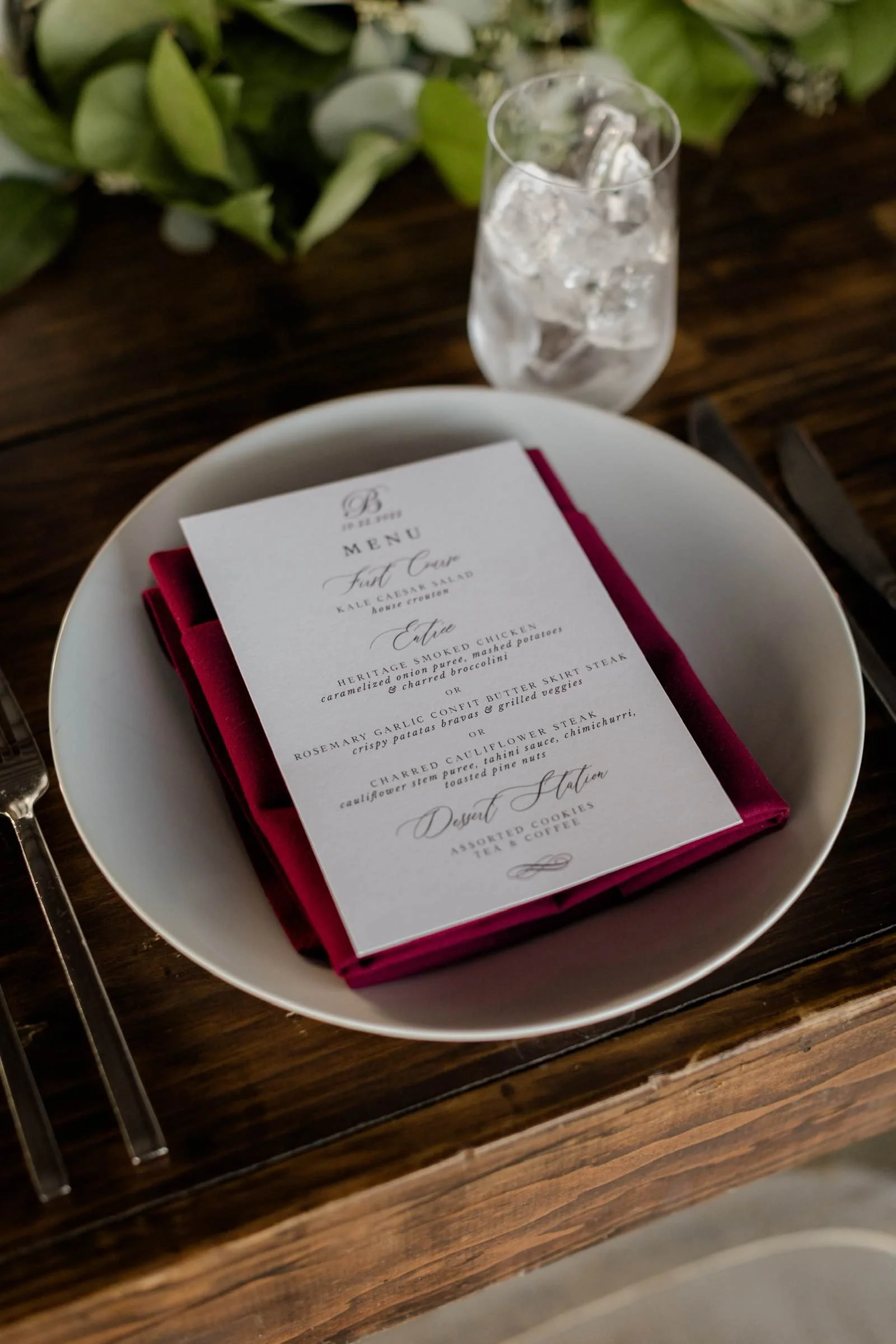 Wedding menu placed on. plate