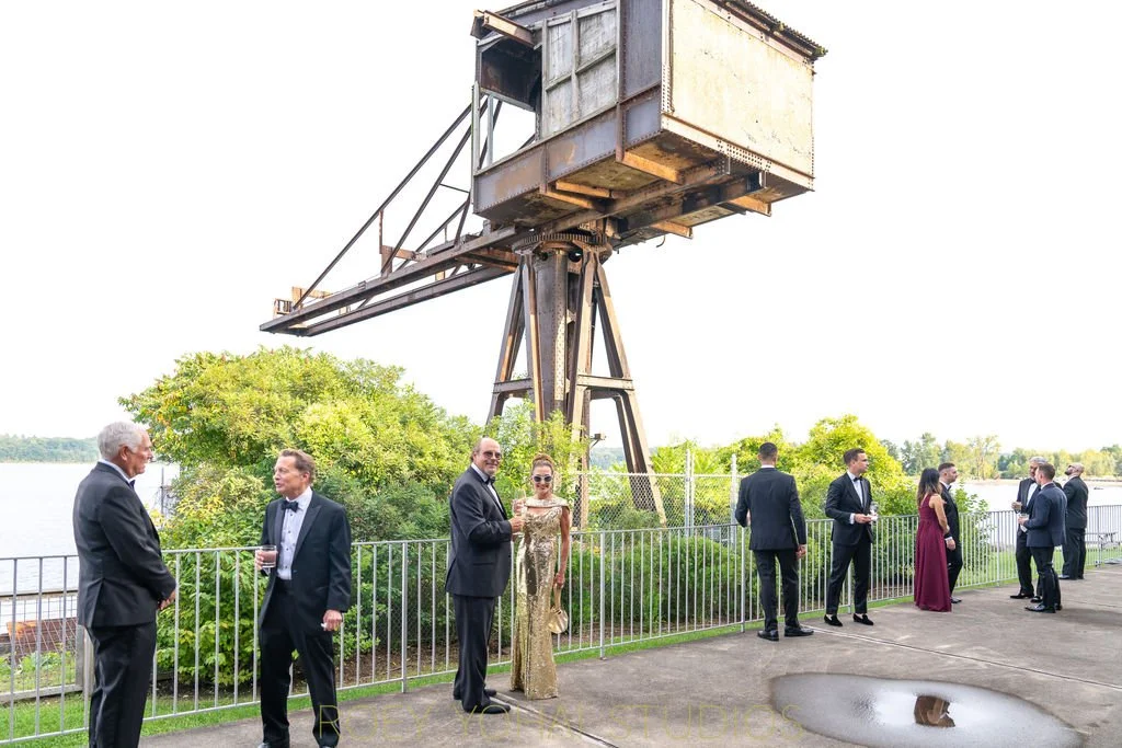  Wedding guests near the crane at Hutton Brickyards 
