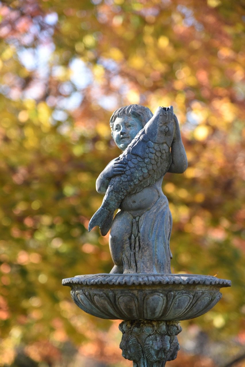 A statue of a young boy holding a large fish, standing on a decorative fountain with a background of colorful autumn leaves.