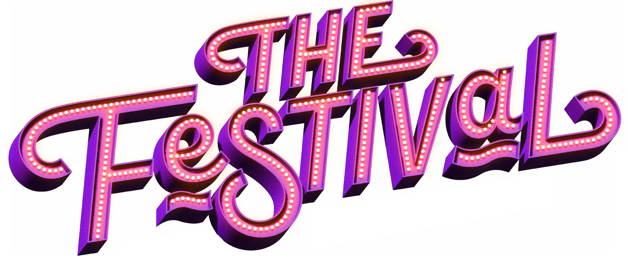 Colorful sign with the words 'The Festival' in pink and purple lights against an orange background.