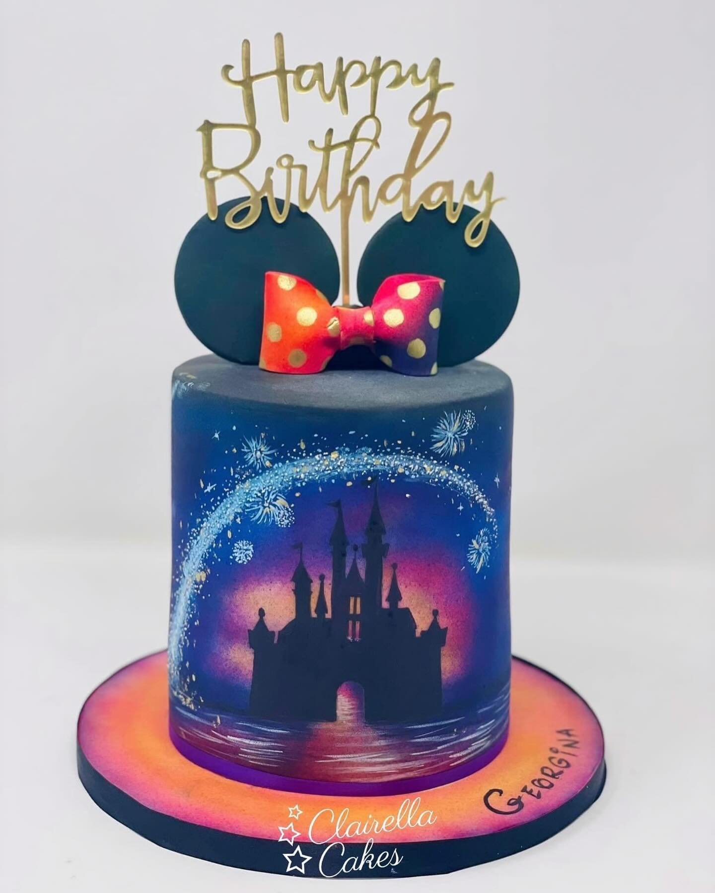 When you wish upon a star! 💫✨
A Magical Disney Themed Birthday cake for a very special lady today.
Cake was airbrushed with the Clairella Cakes Airbrush &amp; handpainted with the Disney Castle silhouette. 
The cake was lemon sponge layered with van