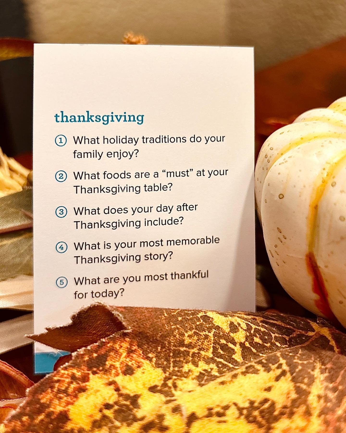 Want to have better conversations with your team, family, and friends this week? 

Use these 5 questions to connect and build relationships with those around your table this Thanksgiving! 

#icebreakerquestions 
#conversationcards 
#thanksgiving 
#te