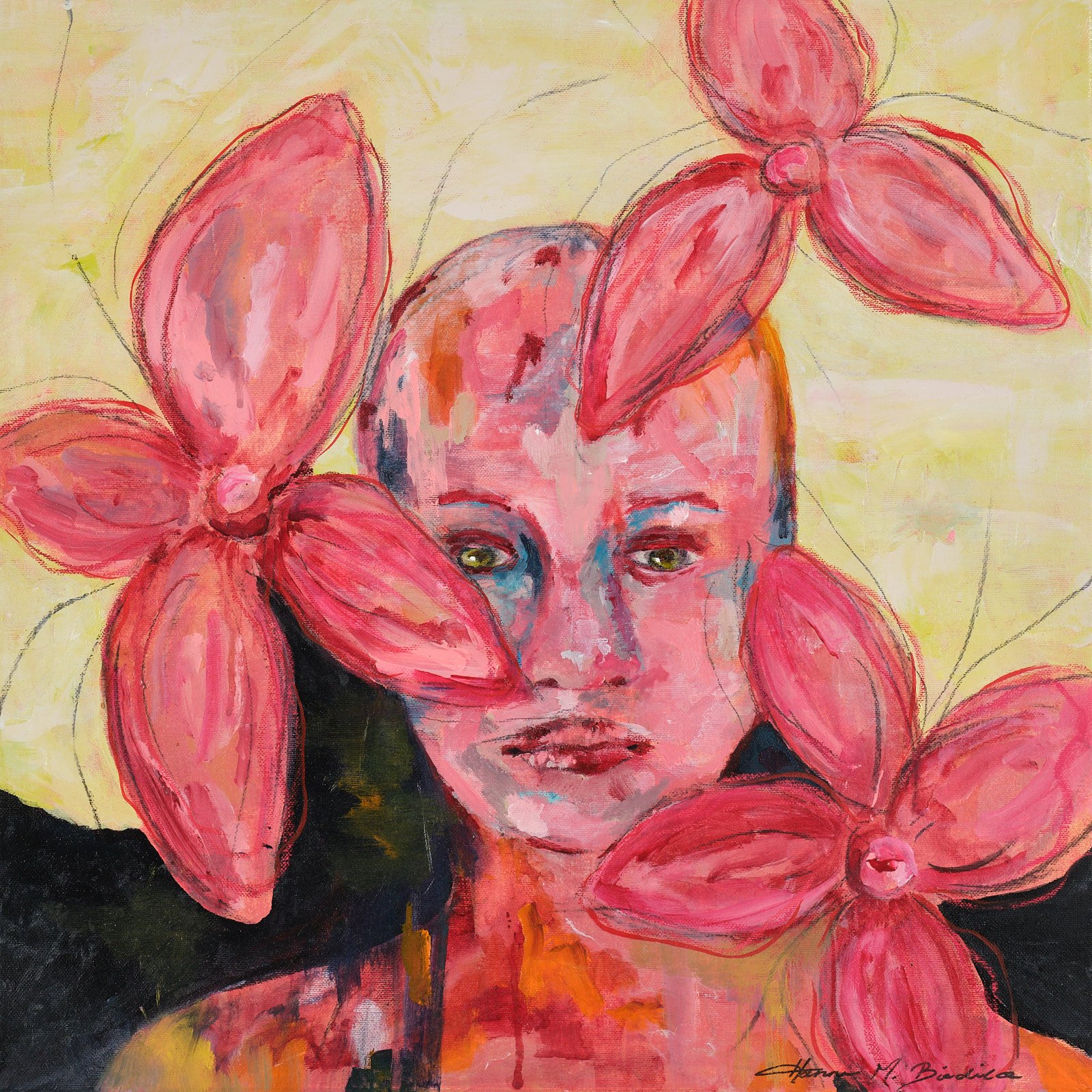 Title: Let me bloom Medium: Acrylic on canvas Size: 50x 50 cm Year: 2023 En hver kvinne må få lov til å blomstre i kraft av seg selv