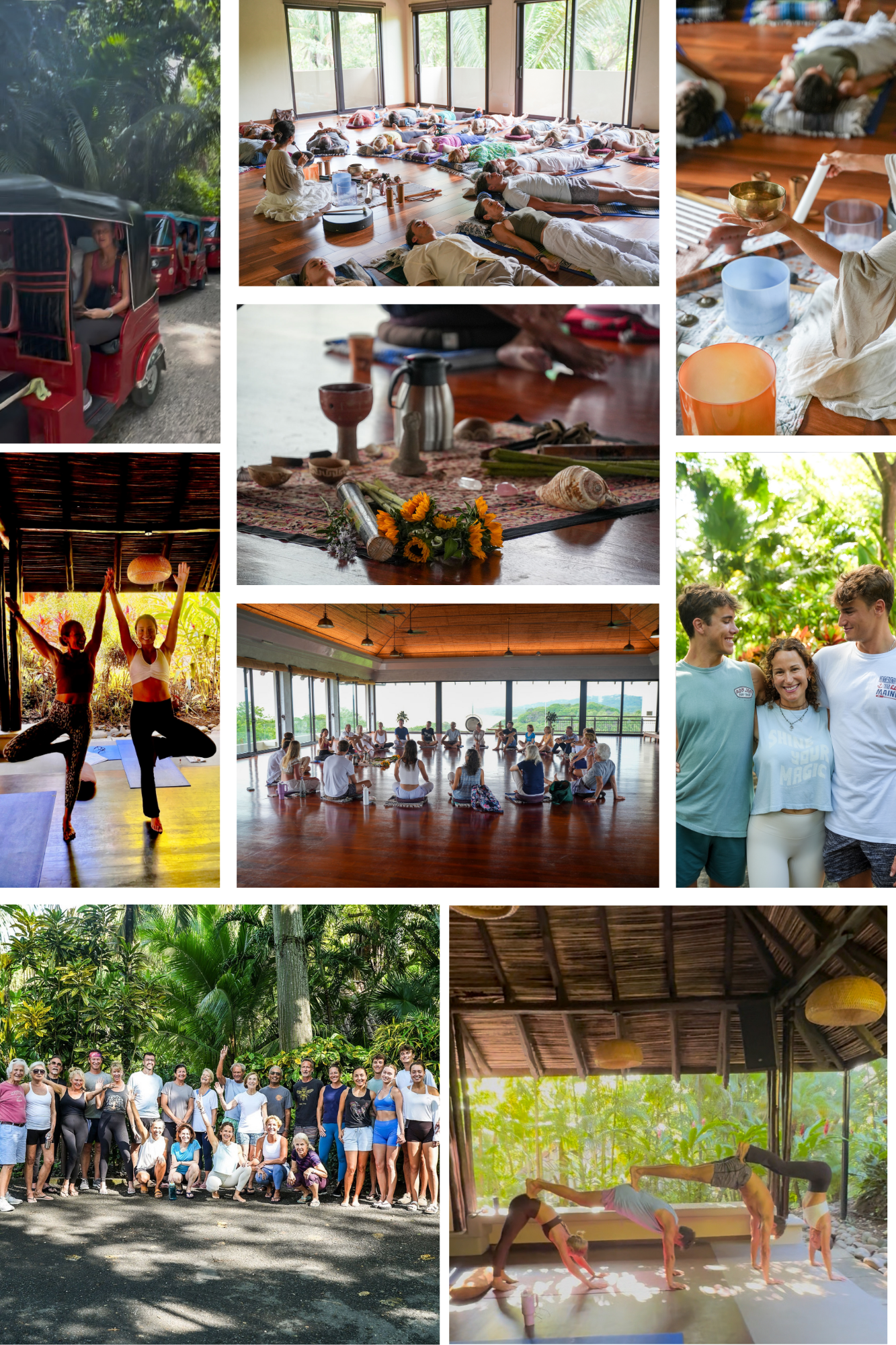 A collage of photos showing a group retreat with outdoor activities, yoga sessions, a group meditation, a workshop with spiritual items, and a tour of lush tropical greenery.