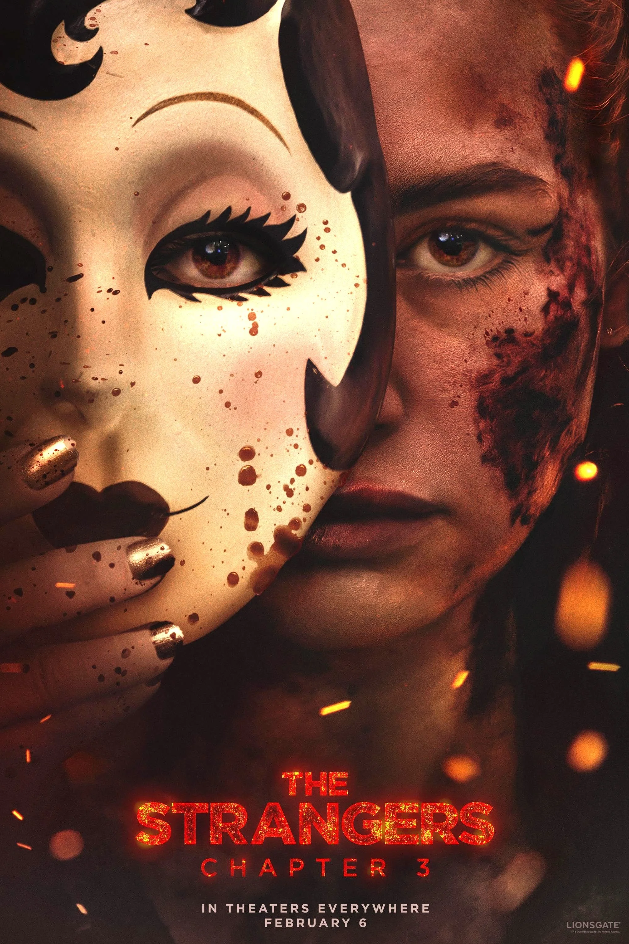 Close-up image of a promotional poster for the movie "The Strangers: Chapter 3." The poster features a person partially obscured by a white, latex mask with dark eye makeup and splashes of blood. The person is holding the mask with painted nails, and the background appears fiery with glowing embers. The release date is February 6 and it states "In theaters everywhere."