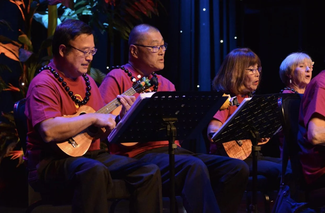 A group of musicians playing ukuleles on stage, wearing matching red shirts and leis, with music stands in front of them.