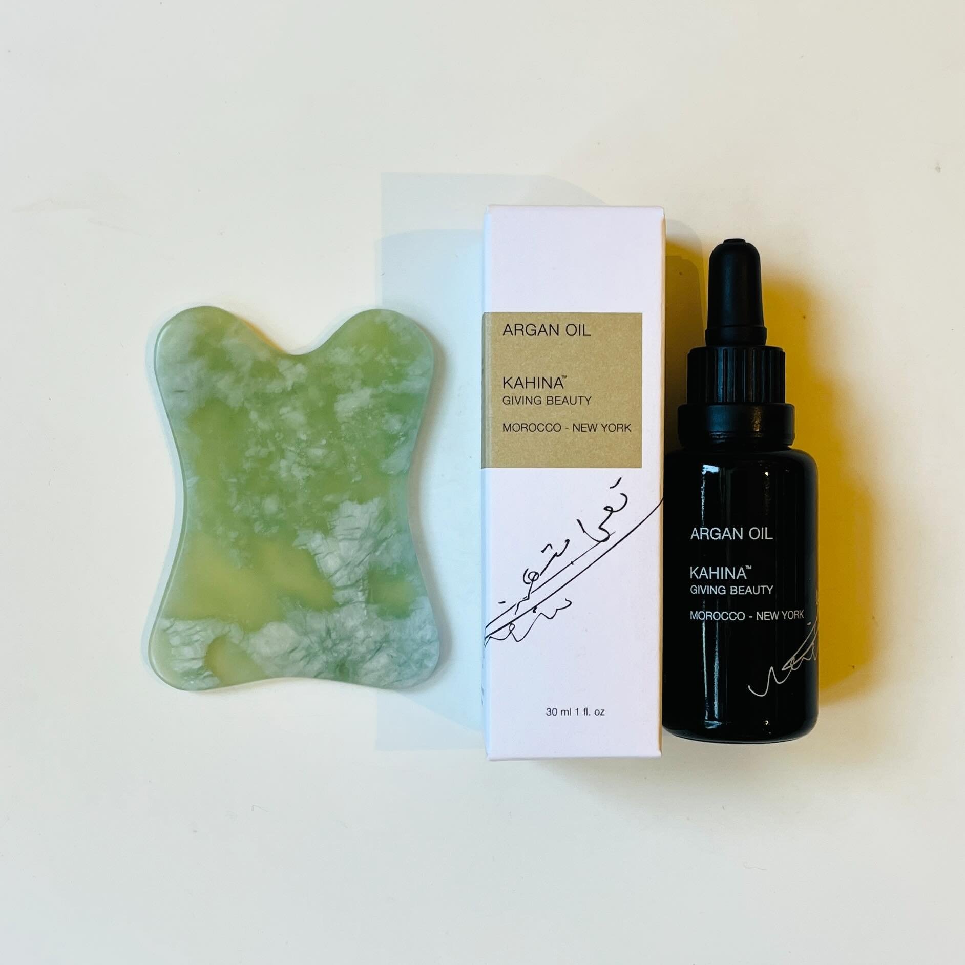 Treatment by Lanshin Jade Gua Sha + Kahina Giving Beauty Argan Oil. The perfect pair for a simple skincare ritual. #guasha #arganoil #skincareritual