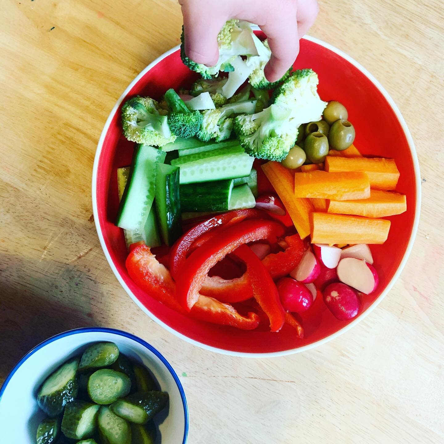 We&rsquo;re having leftover bolognese for lunch but the kids were starving at 11.45 so I gave them this bowl of chopped vegetables with olives and gherkins. An hour or so before a meal is a great time to stock up on veggies- they always eat loads bec