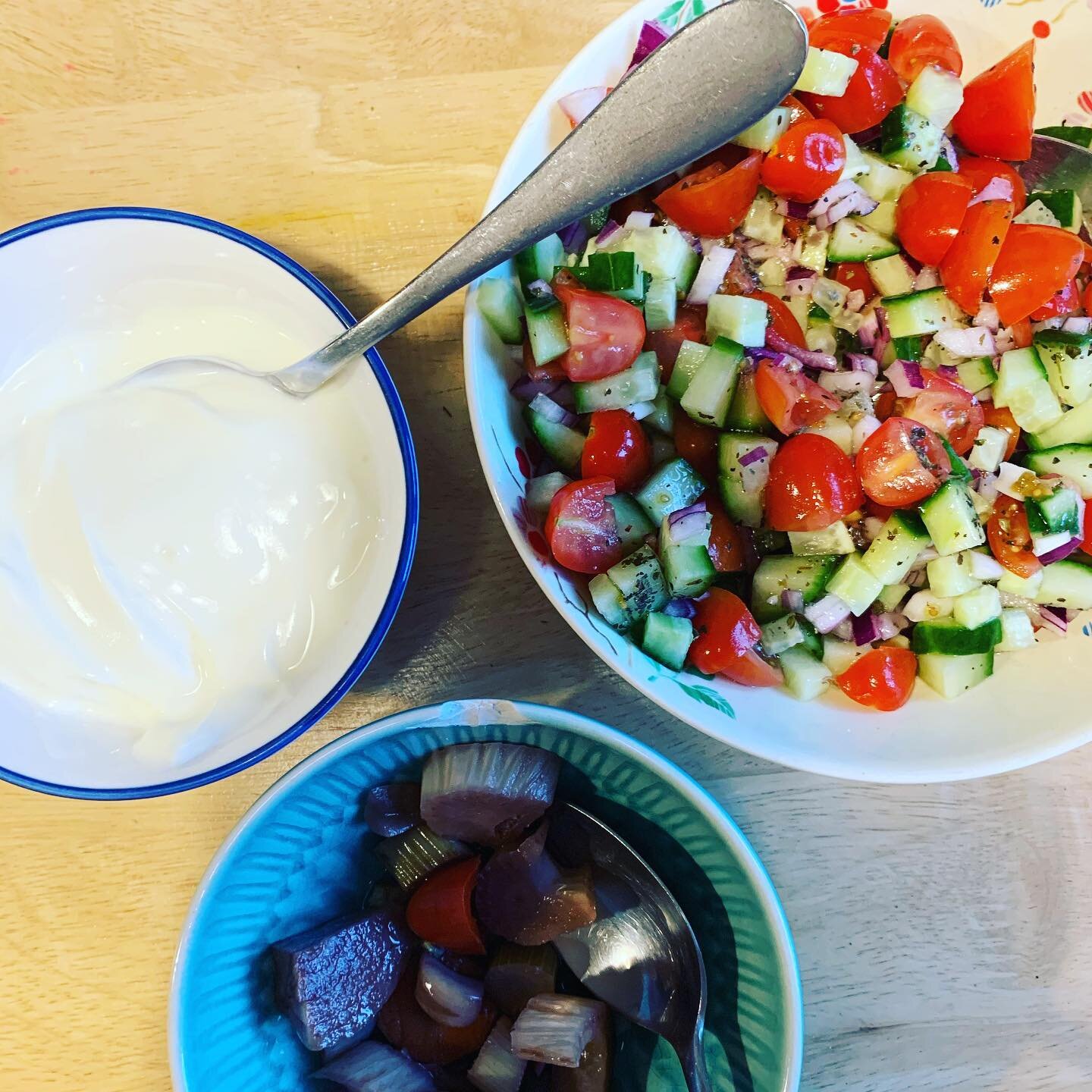 Happy #charshanbesoori ! Although we didn&rsquo;t eat Persian food tonight (we had chicken curry), we did have the Persian holy trinity to accompany our dinner: yoghurt, pickles, and the kids favourite salad, salad Shirazi. #charshanbesoori #dinner #
