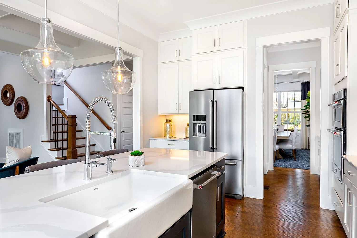 Bright and airy marble kitchen with stainless steel refrigerator, Raleigh North Carolina Photographer, Goodlook Raleigh, NC
