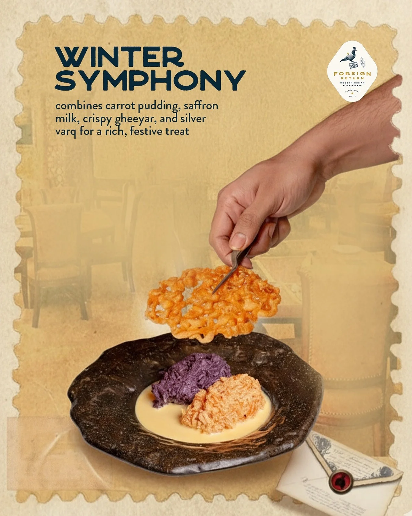 A spoonful of nostalgia, a plate full of warmth. 

Dive into layers of carrot pudding, saffron milk, and crispy gheeyar finished with silver varq&mdash;crafted to be the dessert of the season.
 
🔗 For reservations, link in bio.
 
#foreignreturn #win