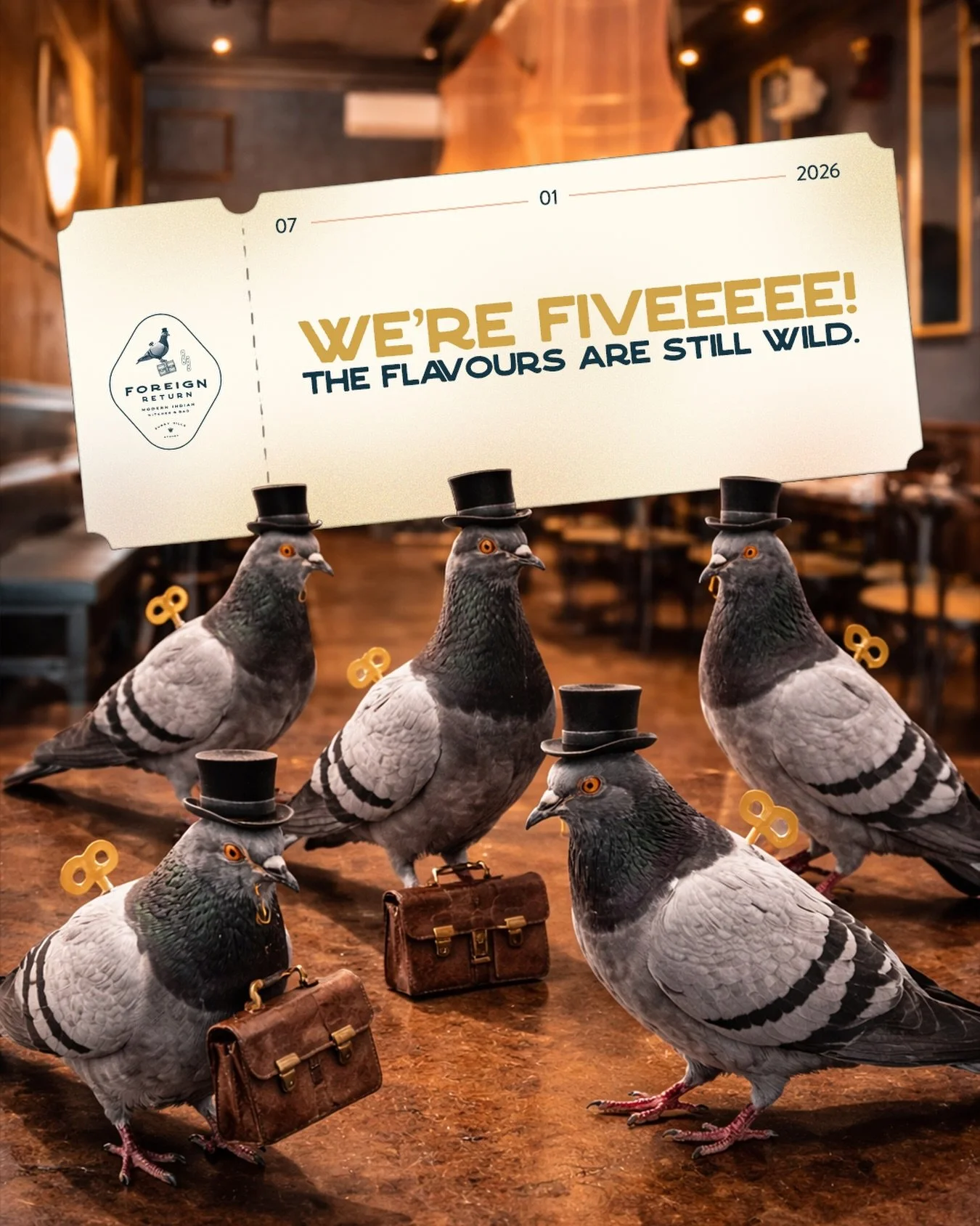 Five years ago, we opened our doors with big ideas, bold flavours, and a few curious pigeons along the way.

What started as a passion project has grown into a place for celebrations, comfort meals, cocktails, and countless memories.

Here&rsquo;s to