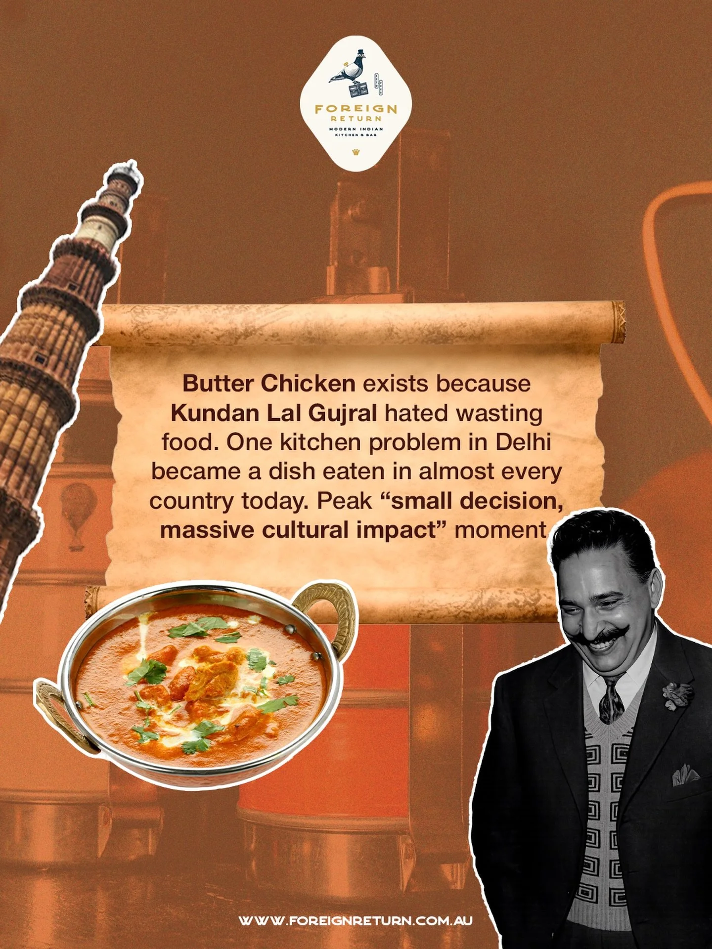 Did you know one of India&rsquo;s most iconic dishes was born from a simple kitchen problem?

Butter Chicken was created by Kundan Lal Gujral as a way to repurpose leftover tandoori chicken &mdash; and the result became a global favourite loved acros