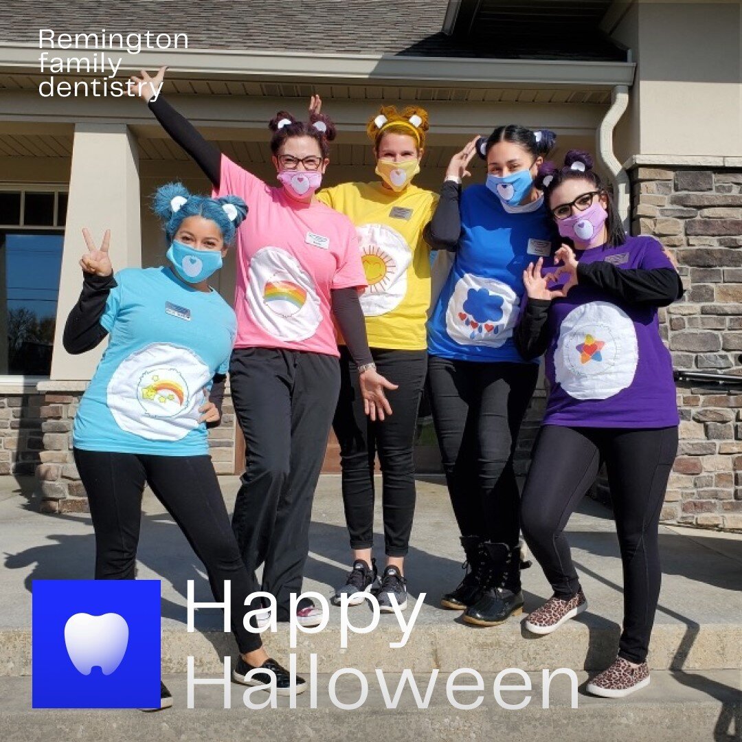 The #carebears are at Remington Family Dentistry today!! 💙❤️💛💚💜Are these girls not the cutest?!? 💁&zwj;♀️💅Give a shoutout to your favorite care bear: Mirahida, Millie, Jen, So&ntilde;ia and Katie.💙 Happy Halloween to you all 🎃 be safe and tha