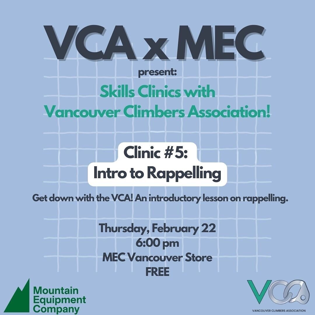 Gym to Crag #5: Intro to Rappelling

Get down with the VCA!  Learn the basics of rappelling from our experienced VCA directors. Rappelling is an advanced skill - participants should be comfortable tying in, top rope and lead belaying.   Please bring 