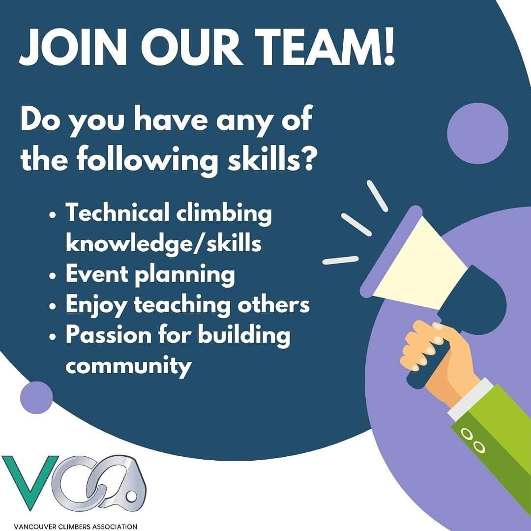 Want to be involved in building a community for Vancouver&rsquo;s climbers? Want to help support your local crags? Well then we want YOU! 

VCA is looking for 3-4 new people to join our team! Responsibilities will involve helping to run our in-person