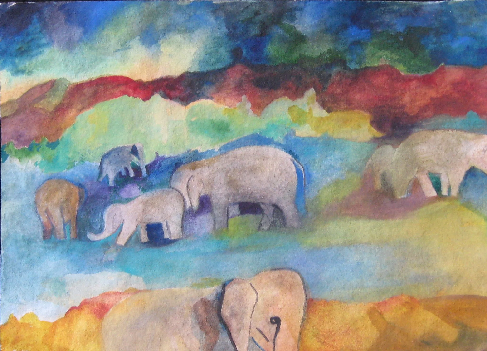 "Elephants On Their Journey" 2009, Watercolor on paper, Watercolor Class at Kitty's