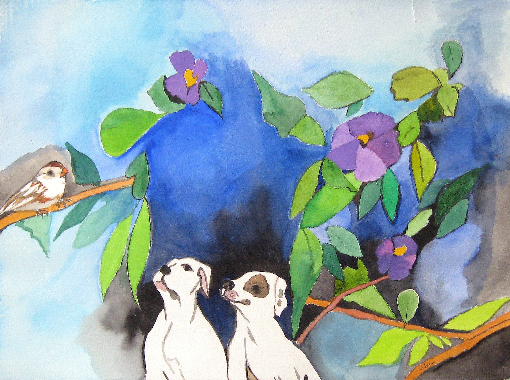 "Piglet & Betty Bird Watching" 2001, Watercolor on paper, Long Ave