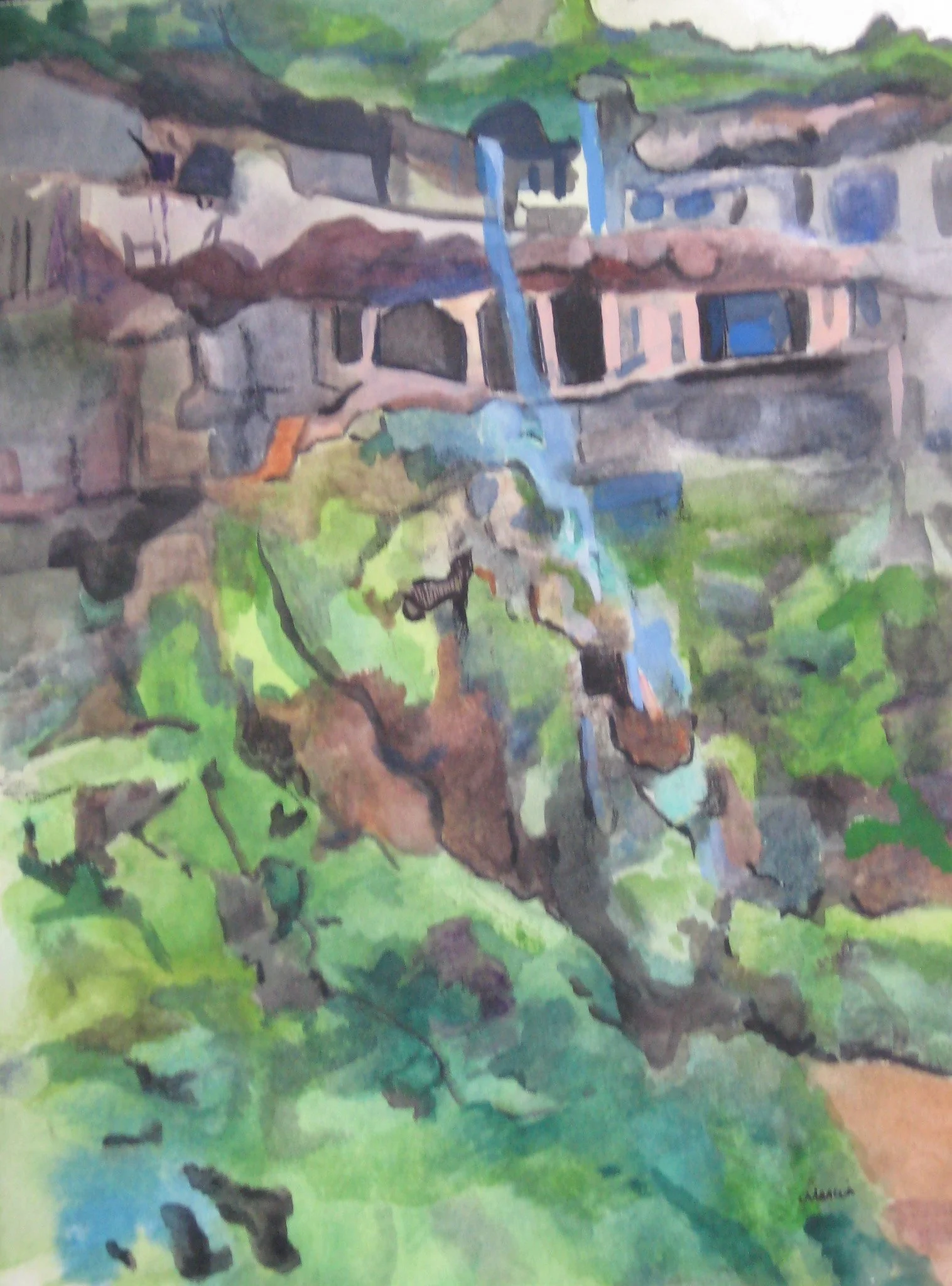 "Water Streaming from the Ellora Caves" 2009, Watercolor on handmade paper from India