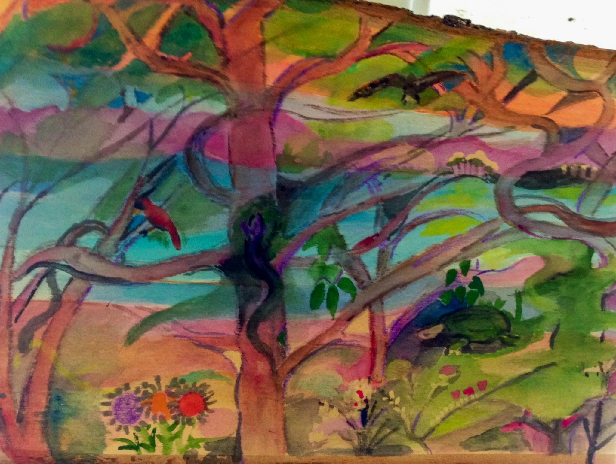 "Camping in the Woods" 1978, Watercolor on wood