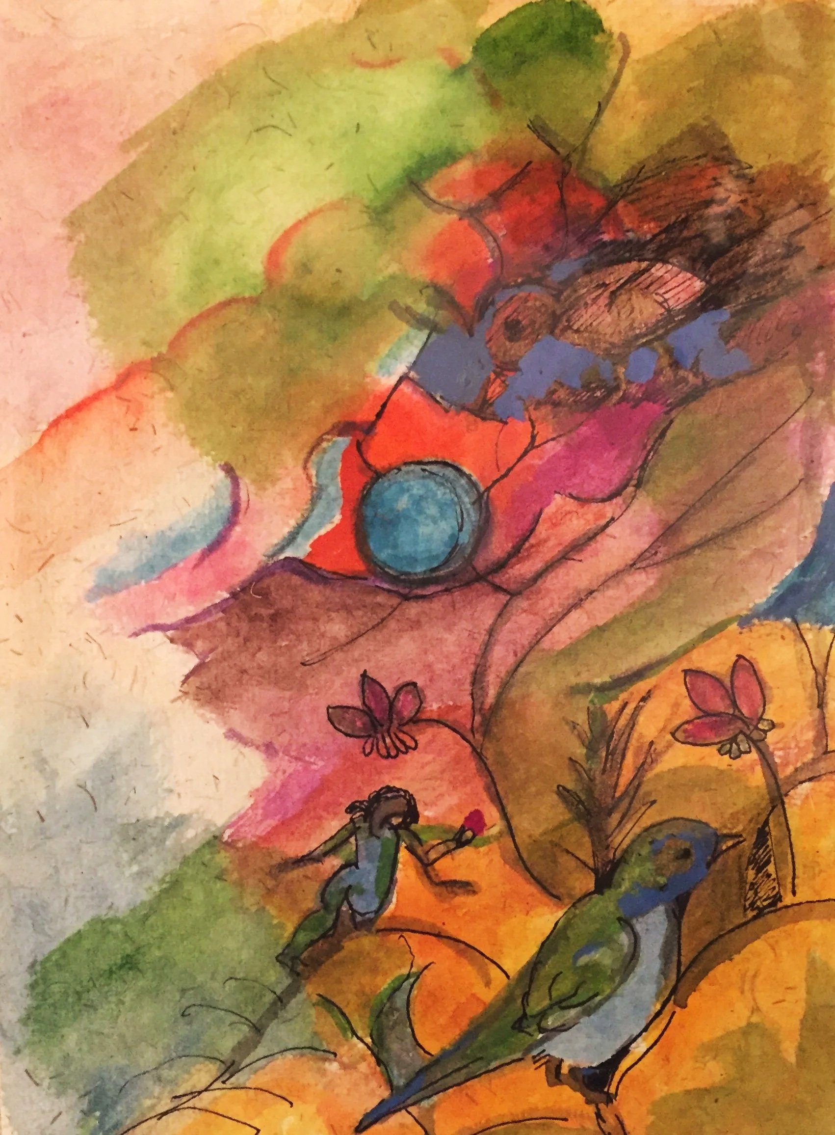 "Floating Through the Layers of Time" 2021, Watercolor on handmade paper from India