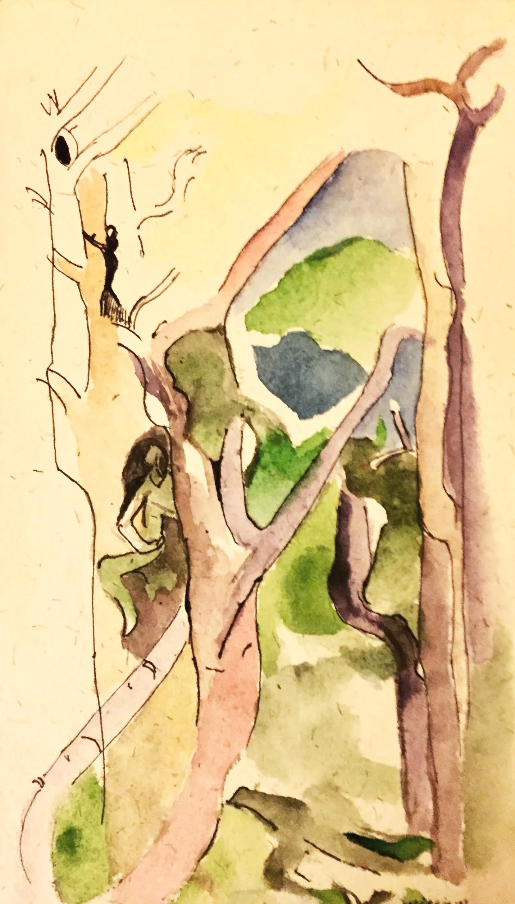 "Baba Appearing Behind the Trees" 2023, Watercolor on handmade paper from India