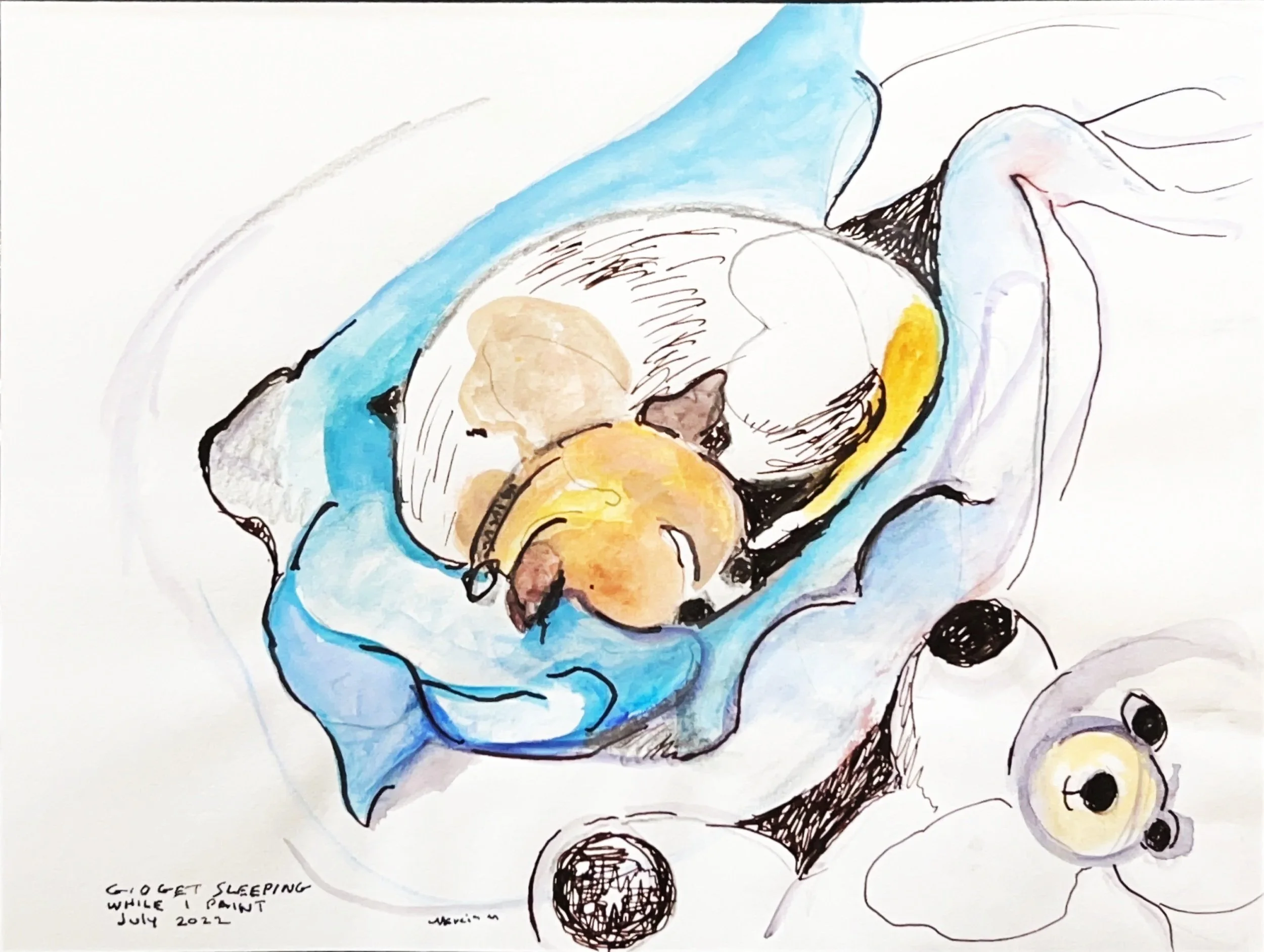 "Gidget Sleeping" 2022, Pen & watercolor on paper