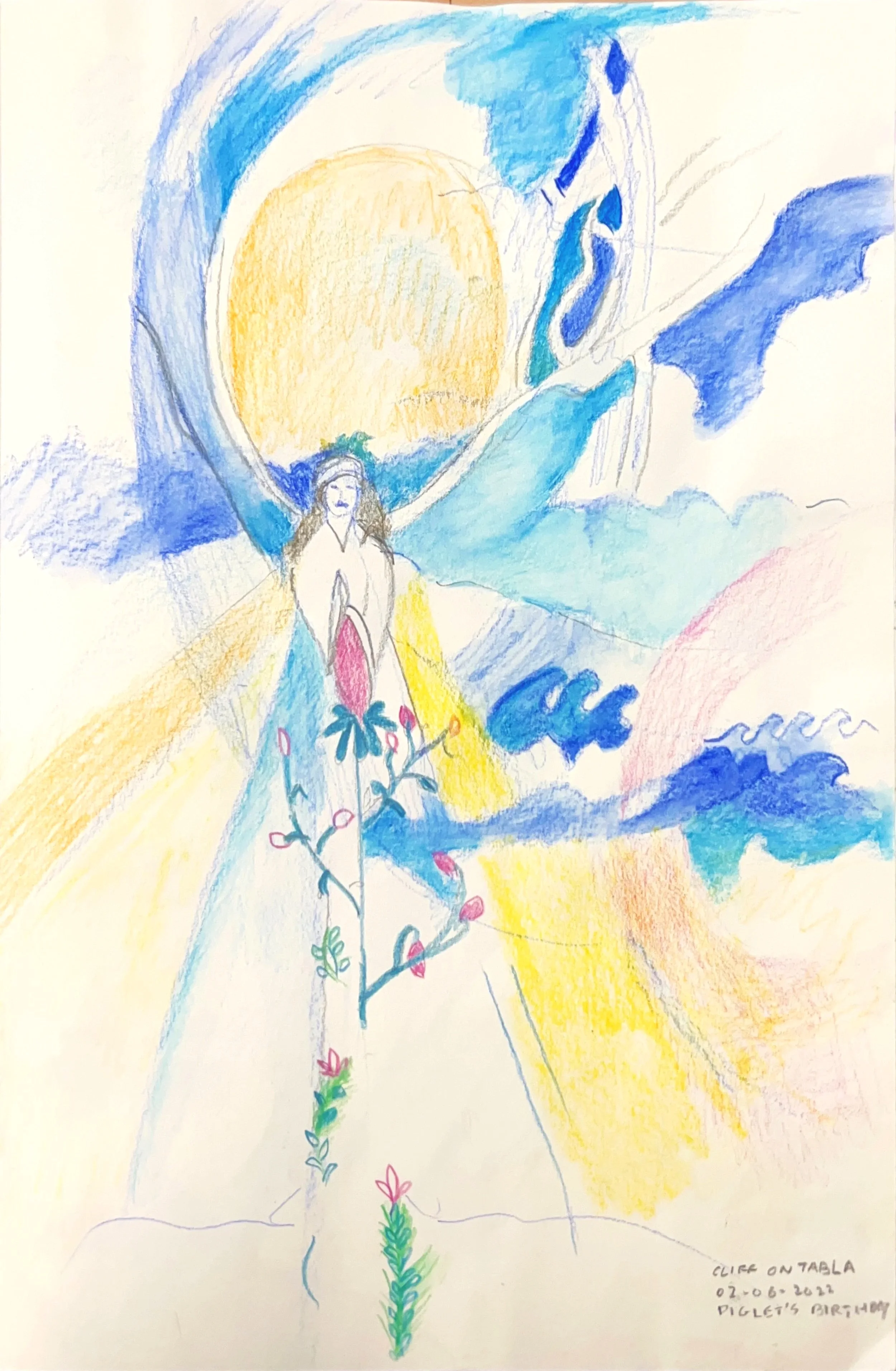 "Cliff on Tabla" 2022, Pencil & colored pencil on paper