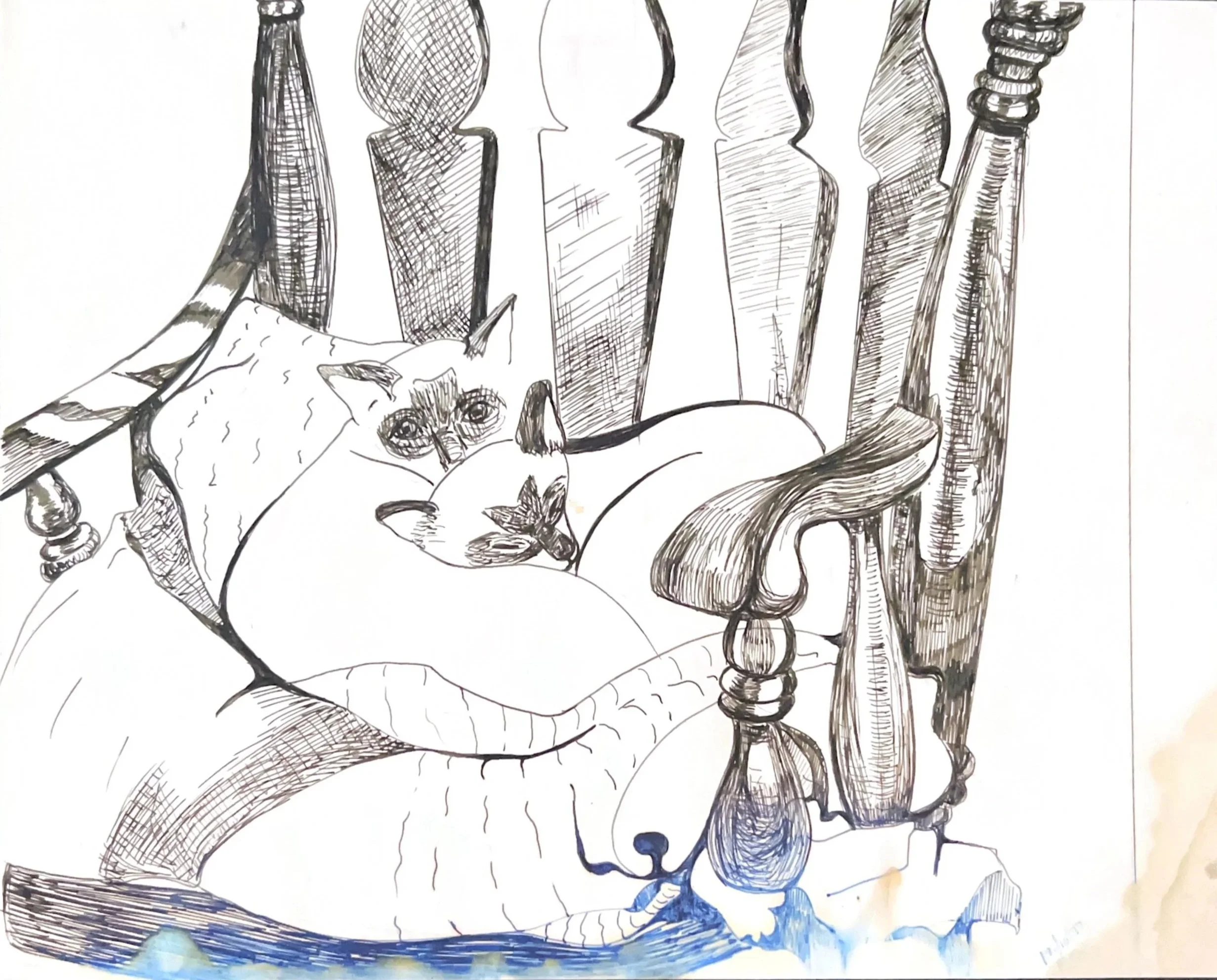 Cats in a Chair, 12/10/77, Ink on paper
