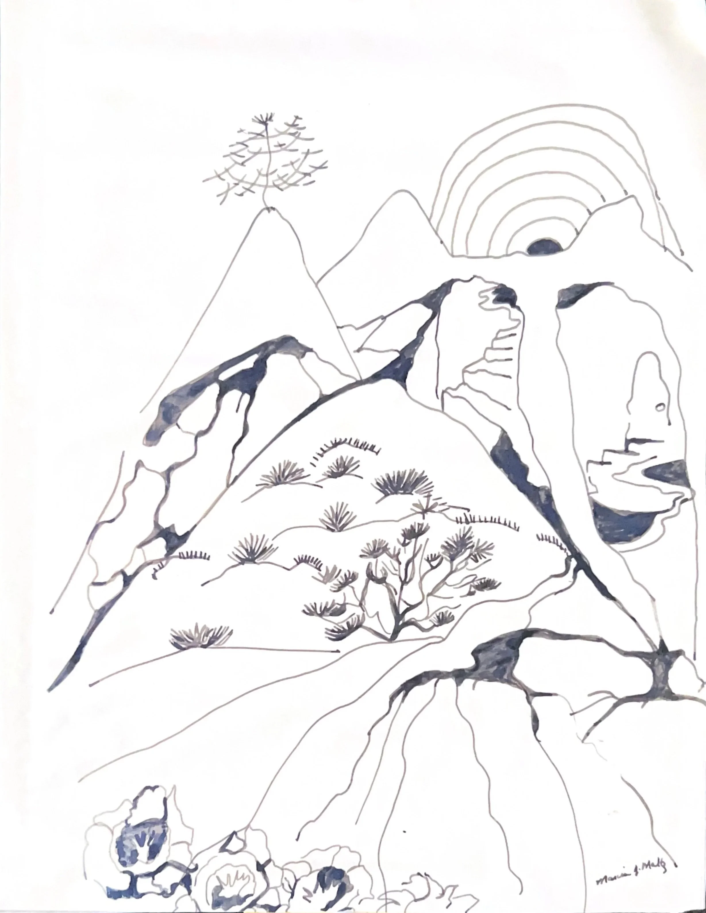 Desert Scene, 1970's, Ink on paper