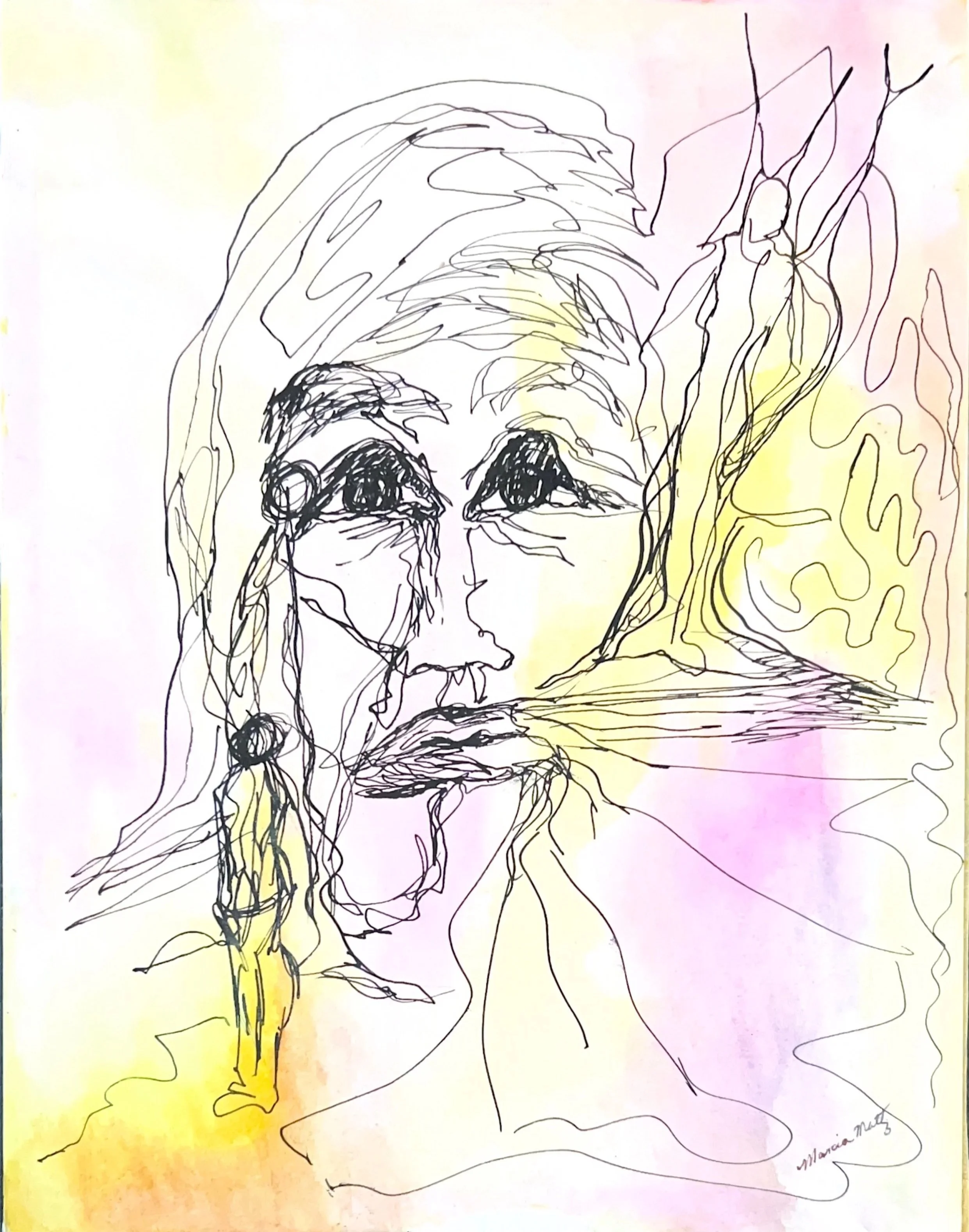 Face and Three Bodies, 1971, Watercolor and ink on paper