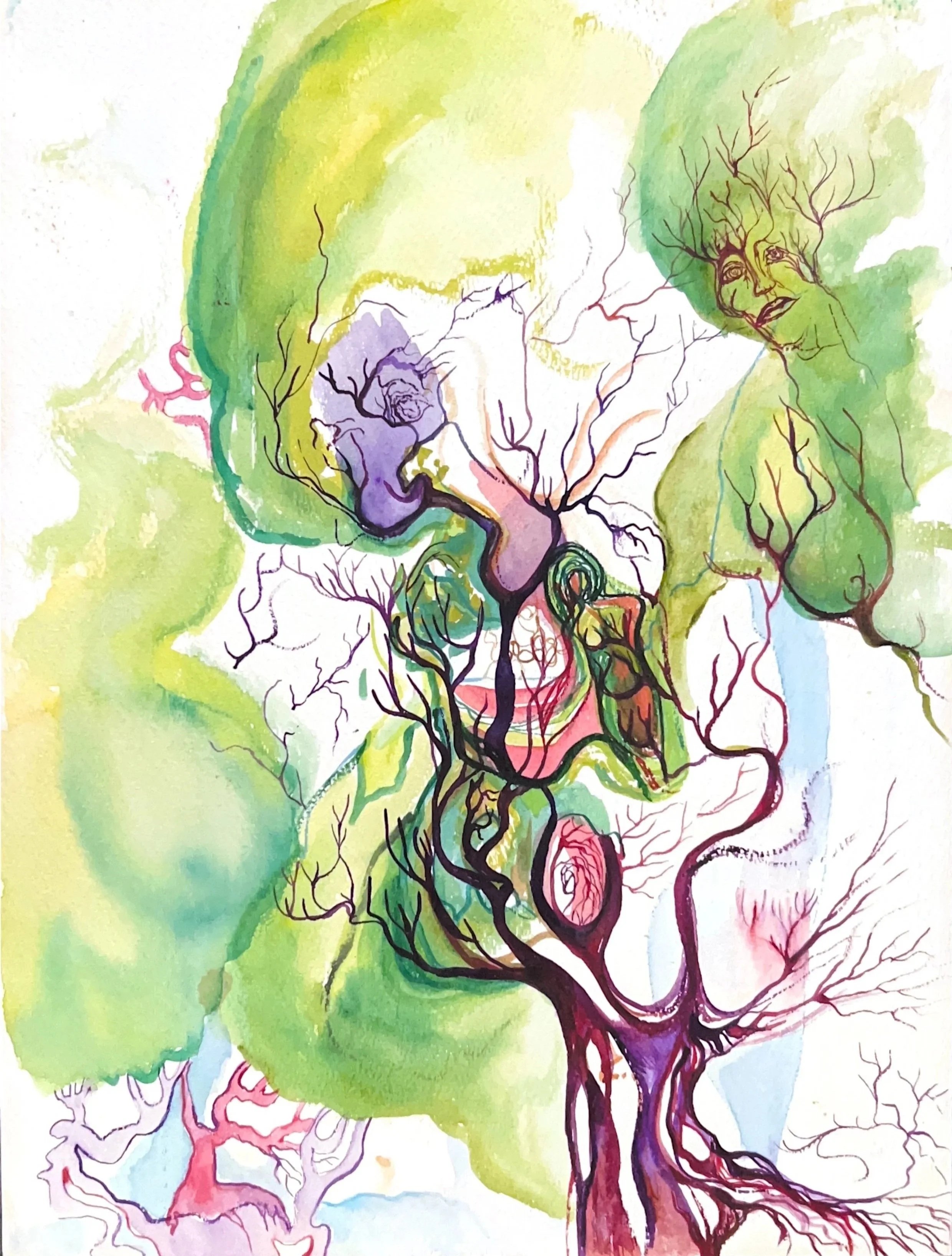 Faces in the Branches, 1970, Watercolor and acrylic on paper