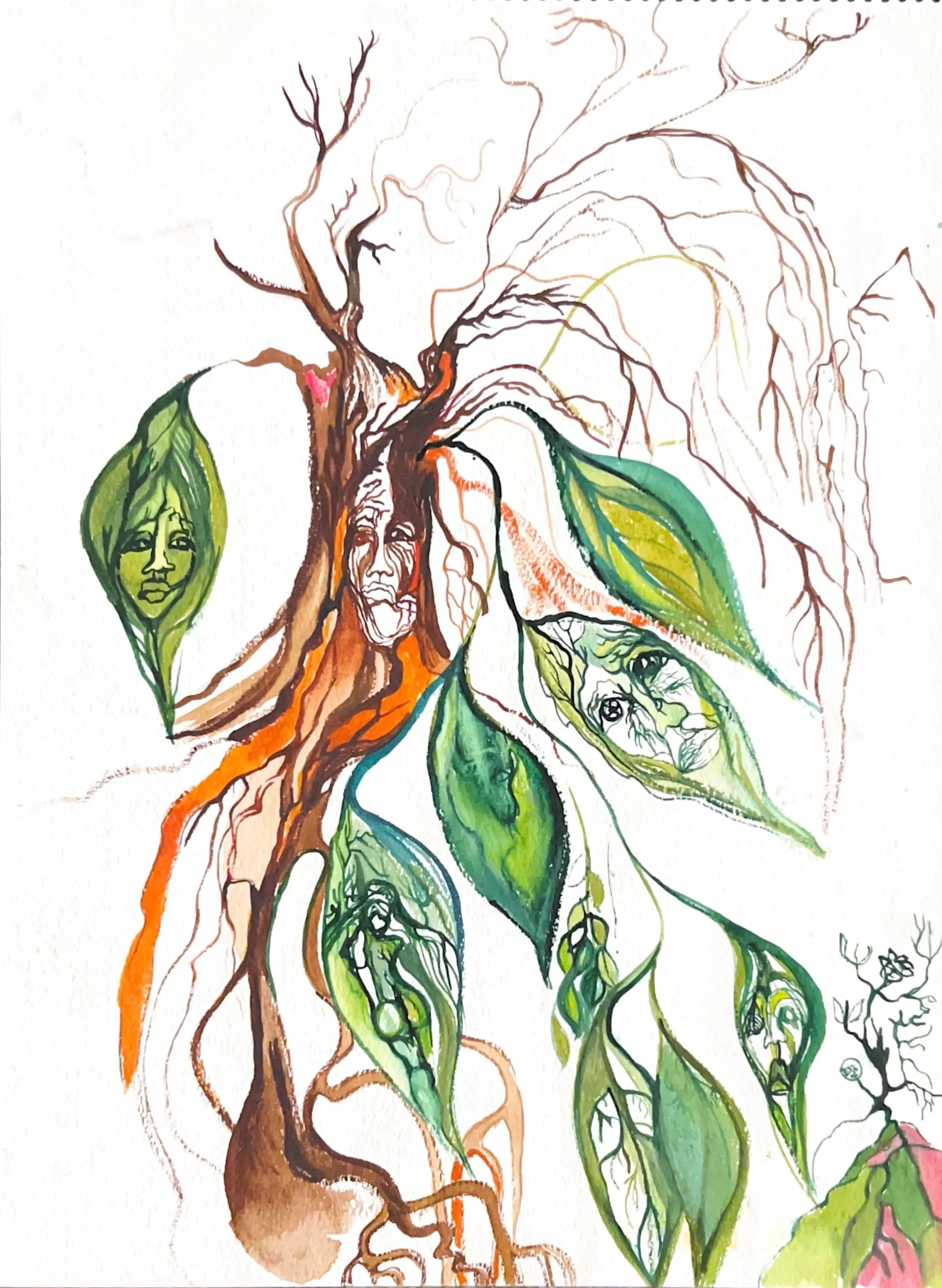 Trees Leaves and Faces, 1969, Watercolor and acrylic on paper