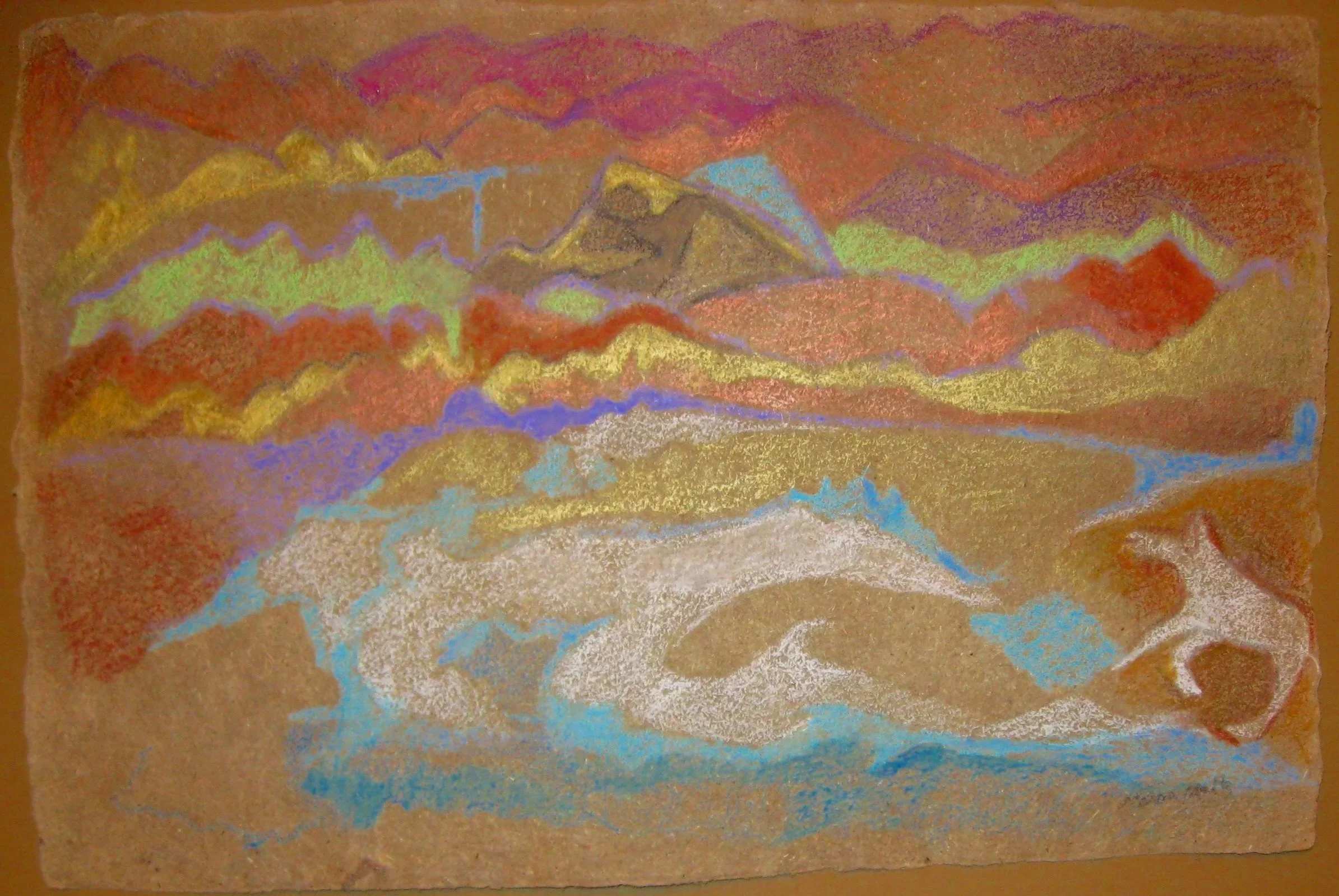 "Prehistoric Creatures" 1995, Watercolor crayon on handmade paper, Guatemala