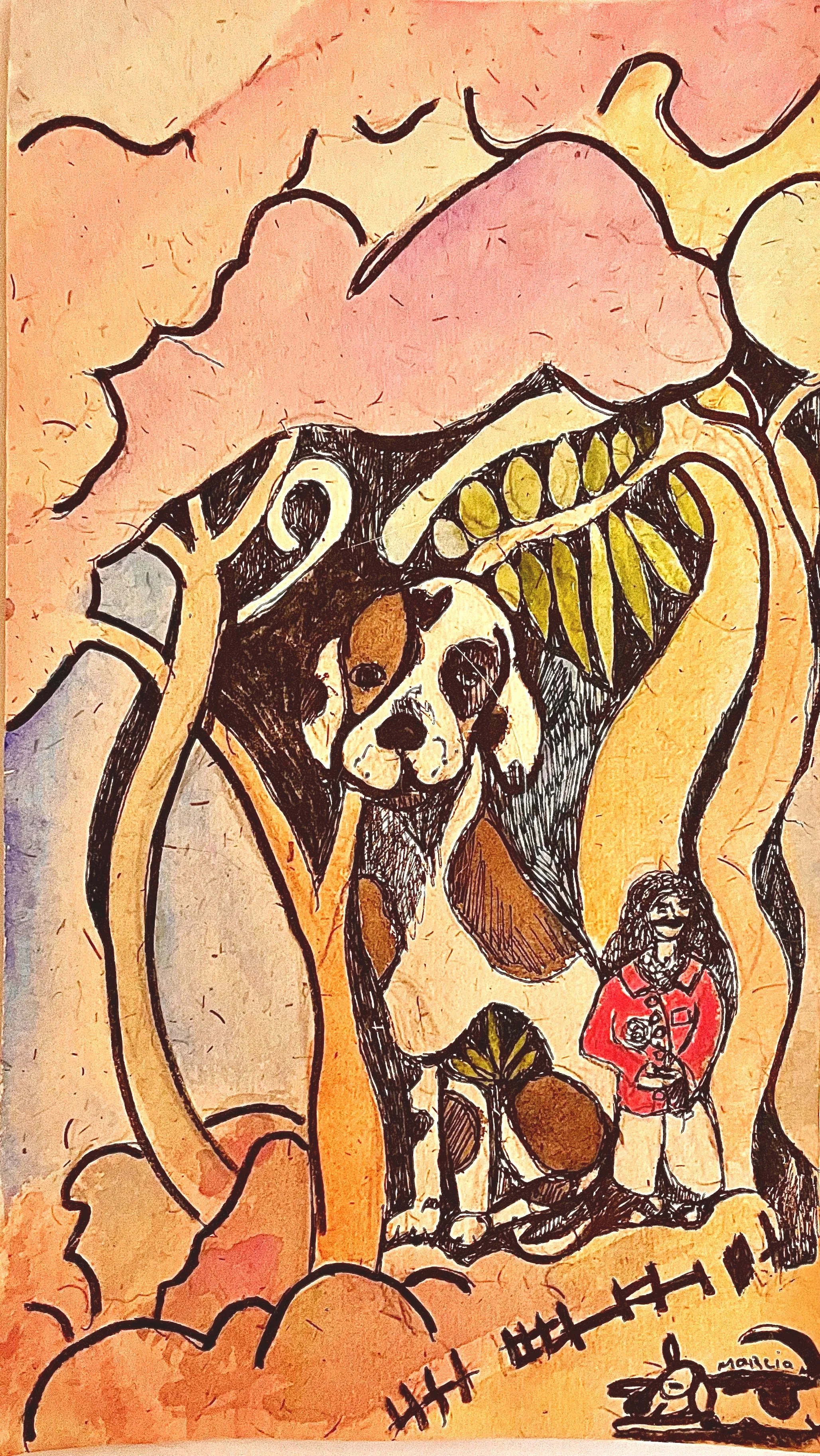 "Meher Baba and Lucy Embraced by the Trees" 2021, Watercolor & ink on handmade paper from India