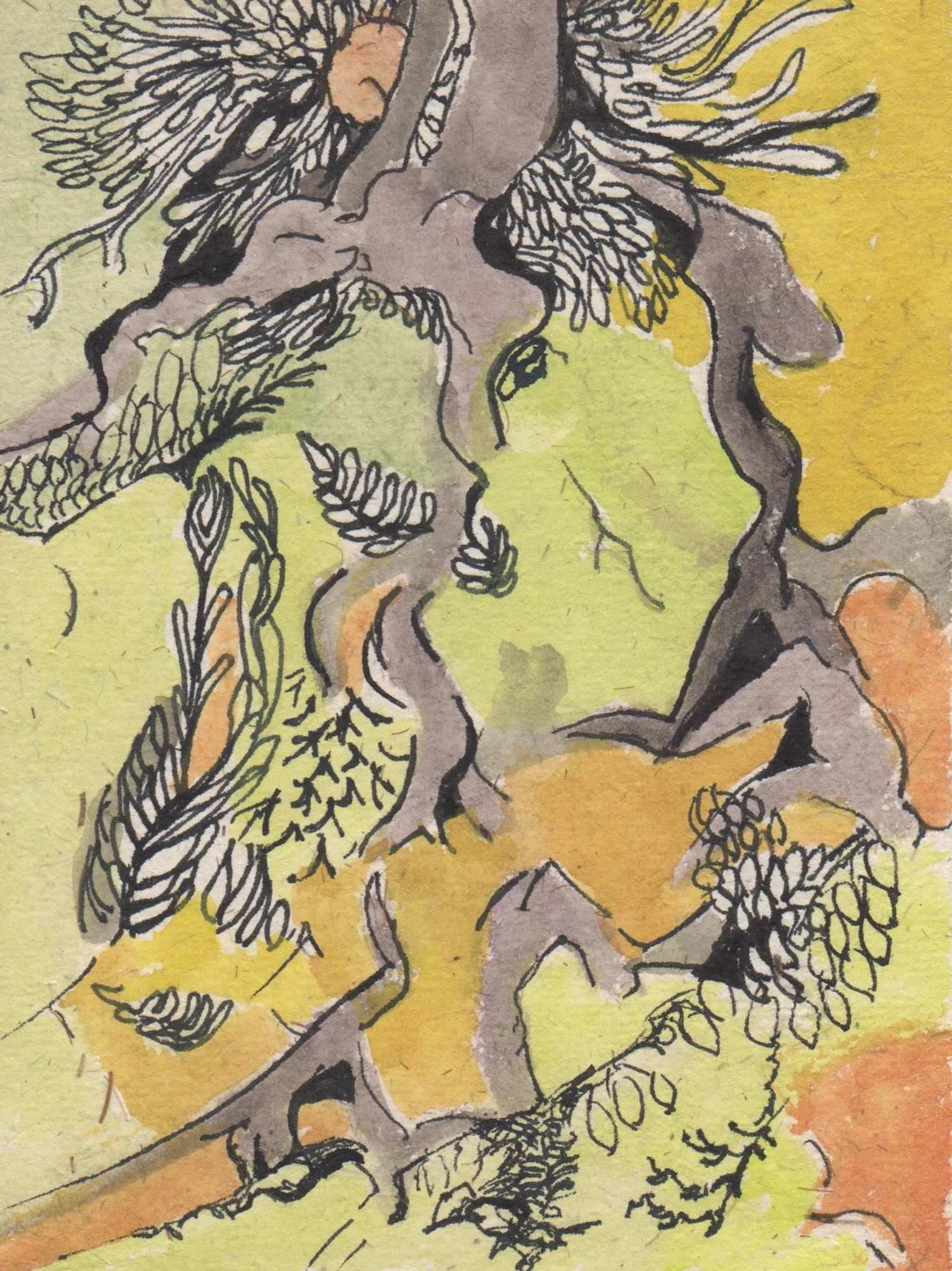 "Climbing the Vines to the Sun" 2020's, Ink & watercolor on handmade paper from India