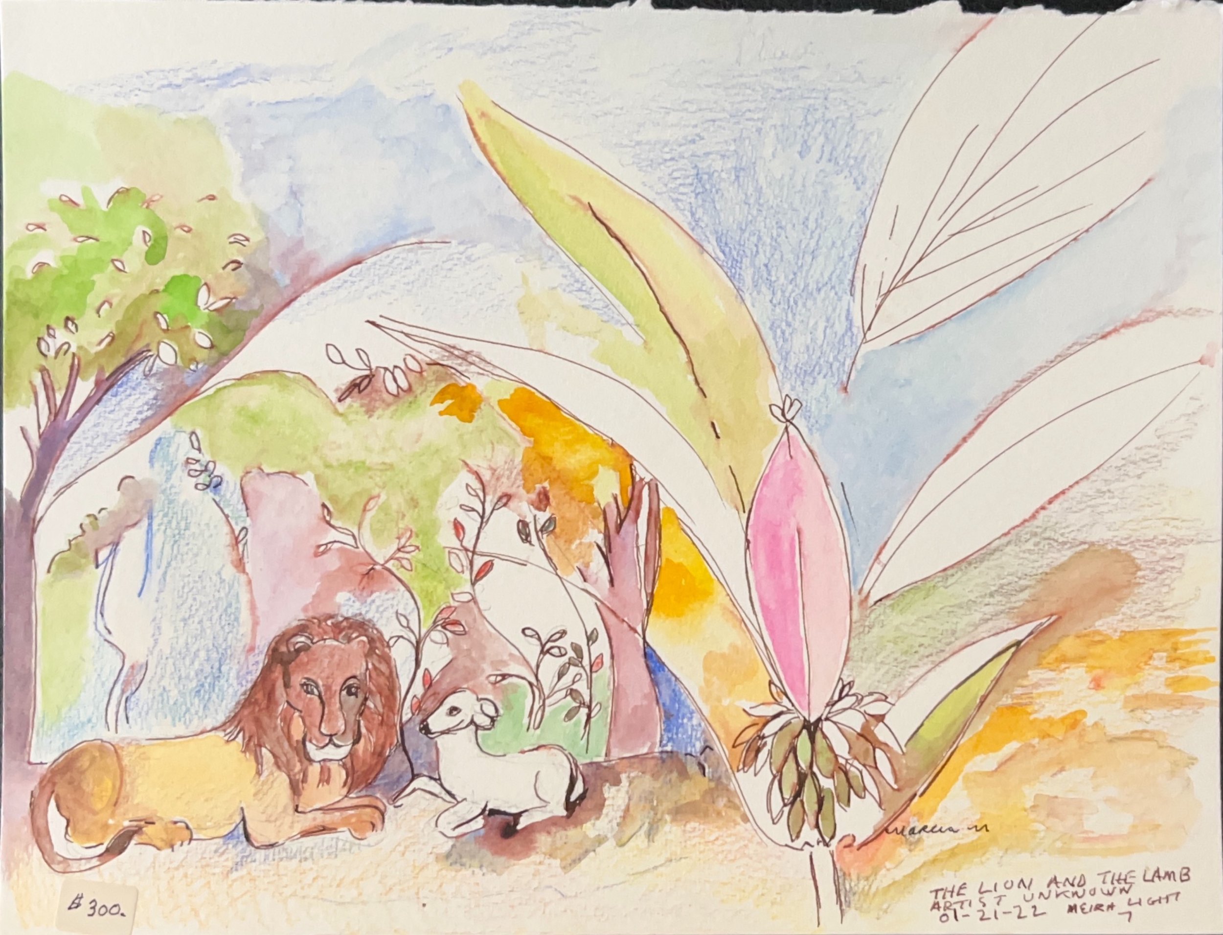 "The Lion and the Lamb" 2022, Pen & watercolor on paper