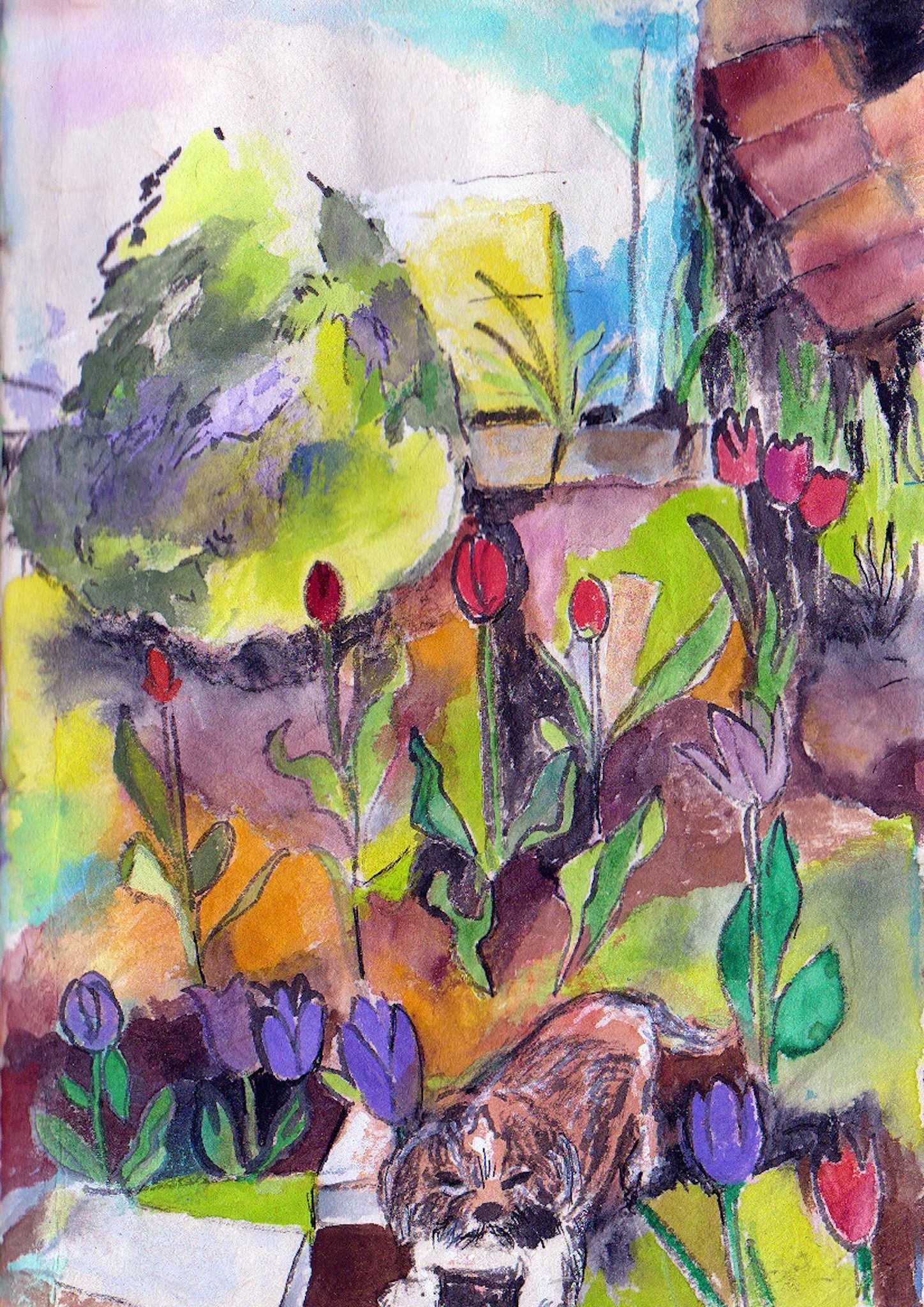 "Eli in the Garden" 1980's, Watercolor & ink on paper