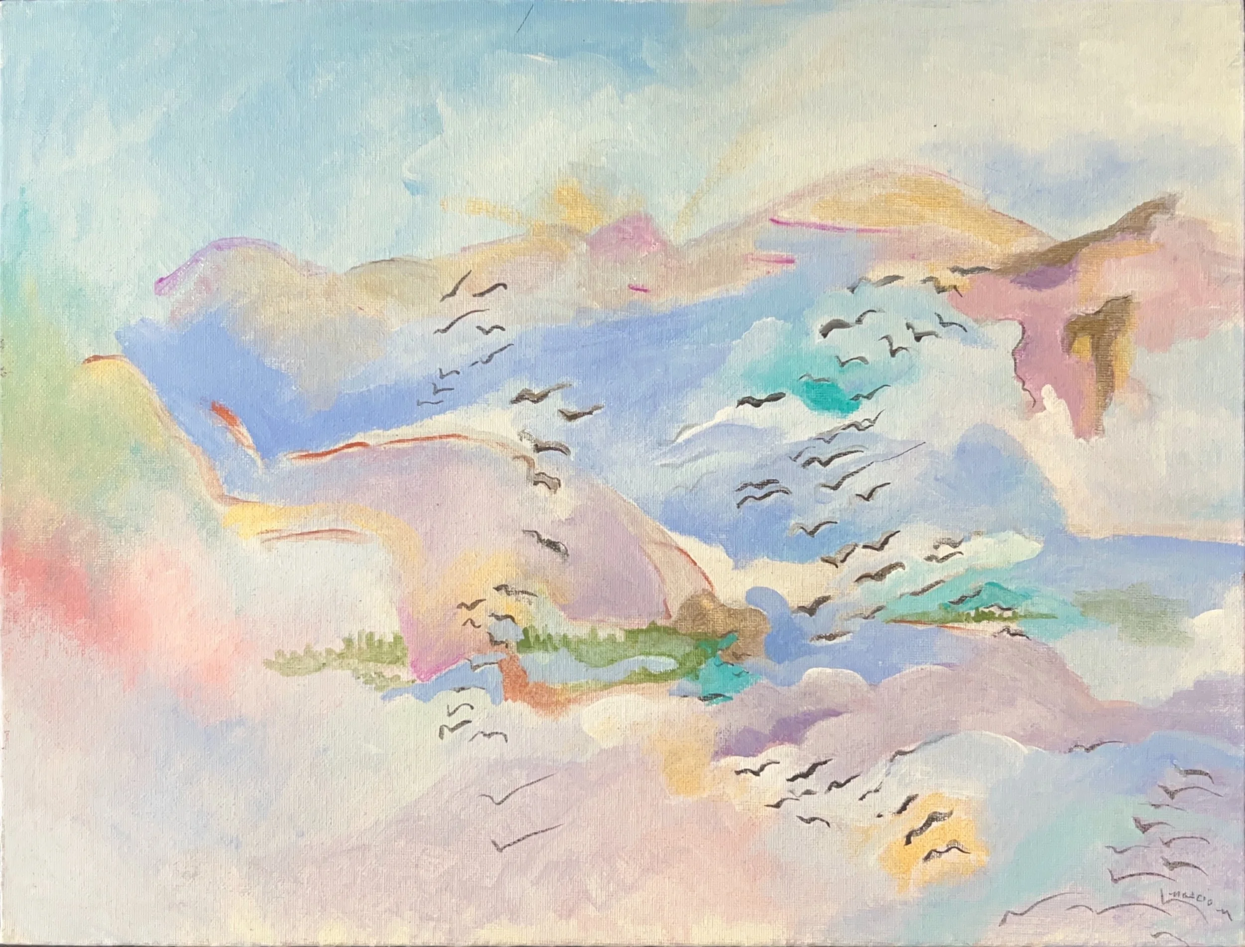 "Birds in Magnificent Flight" 1990's Acrylic on Canvas
