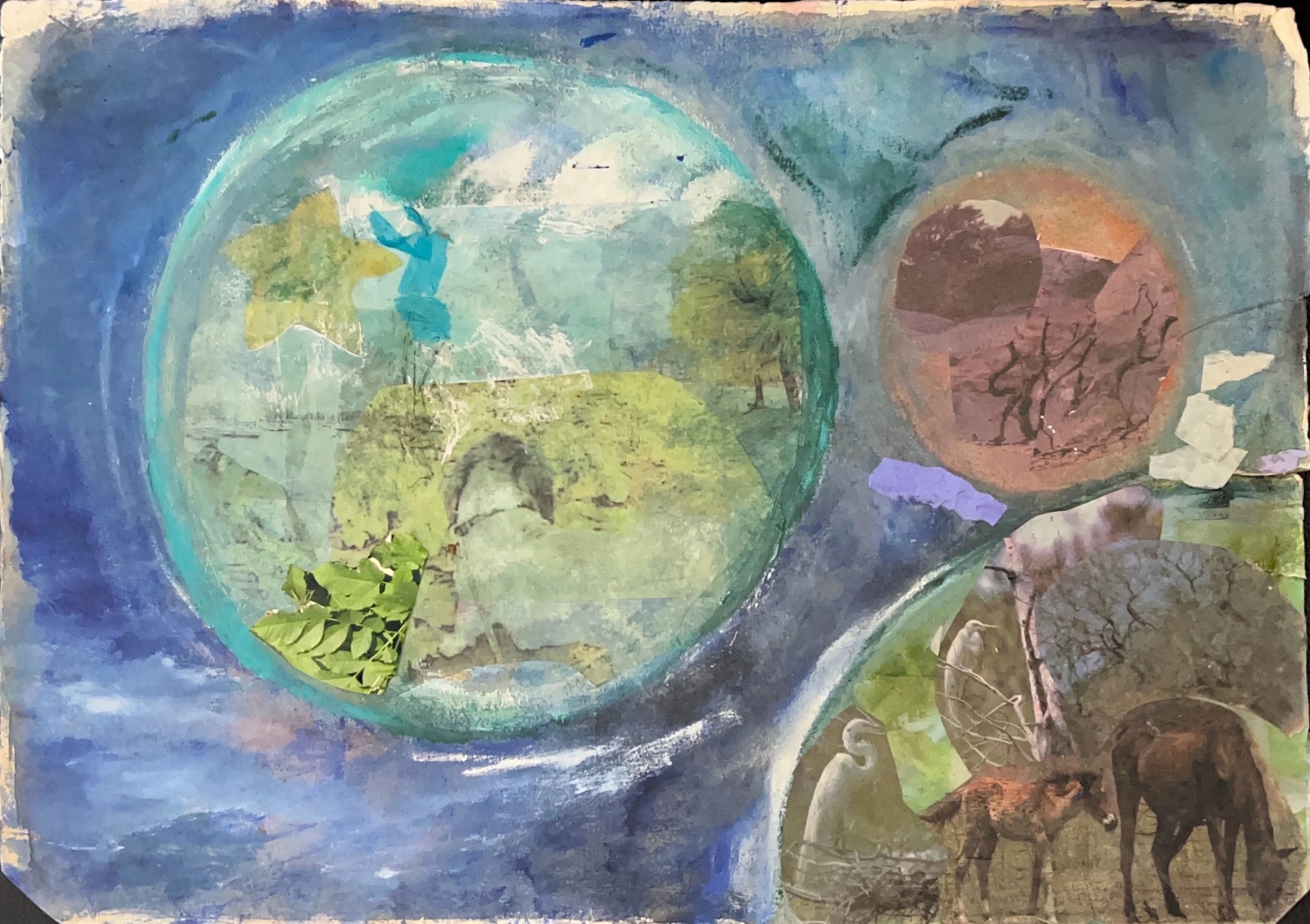 "World Bubbles" 1990's, Collage & acrylic on archival paper