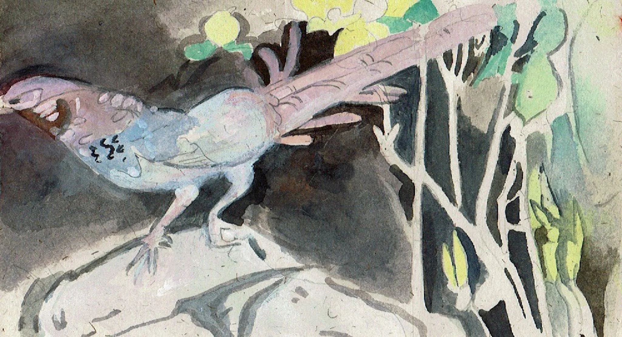 "Odd Bird on my Chinese Screen" 2023, Watercolor on handmade paper from Inida