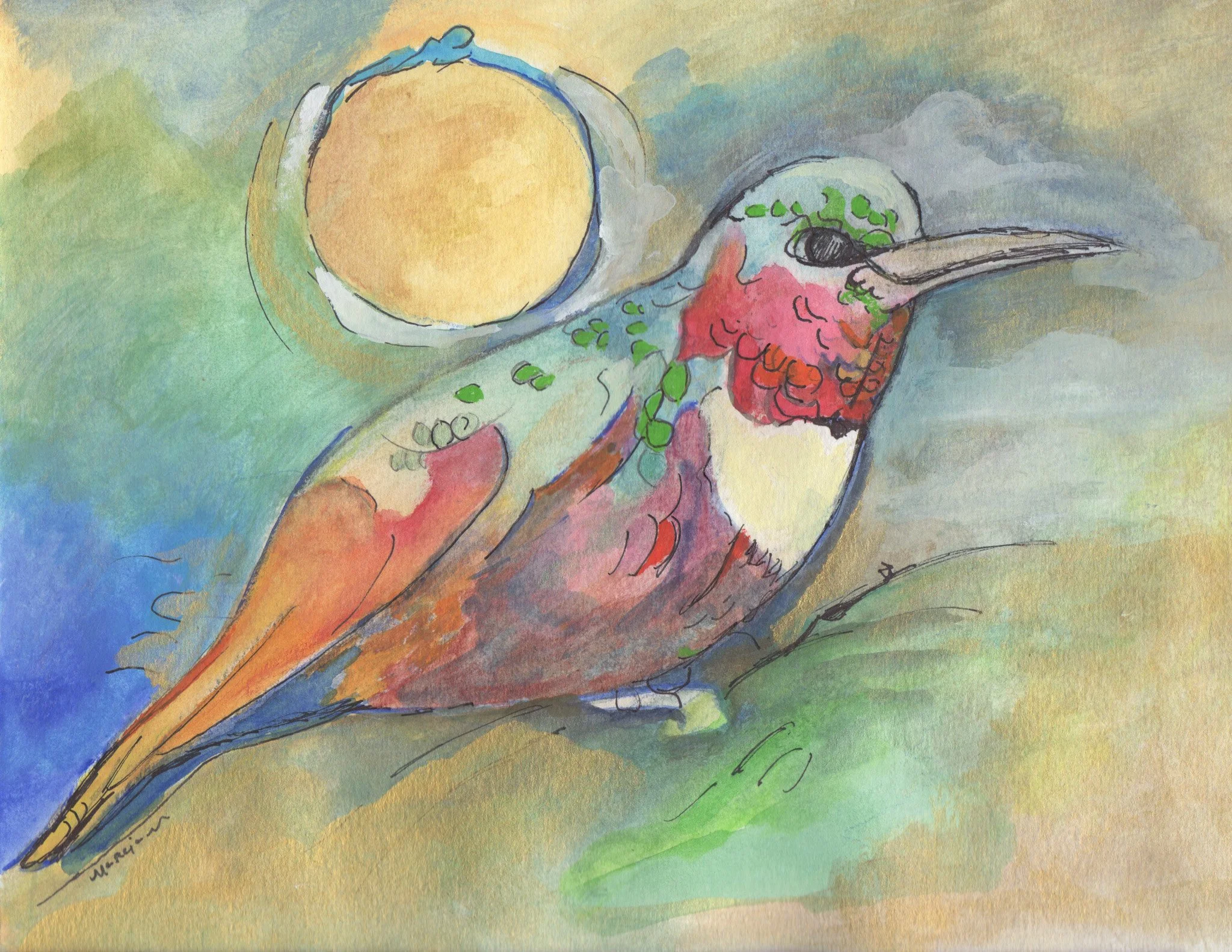 "Translucent Bird" 1990's, Pen & watercolor on paper