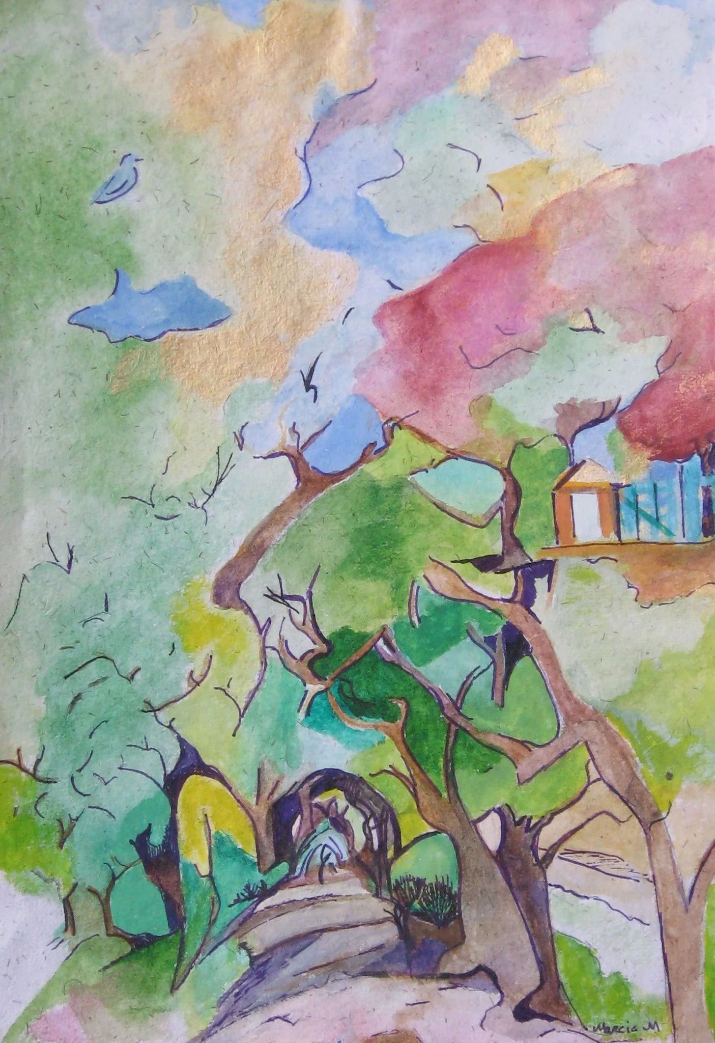 "Stairway to Meher's Home" 1994, Watercolor on handmade paper from India, Meherzad