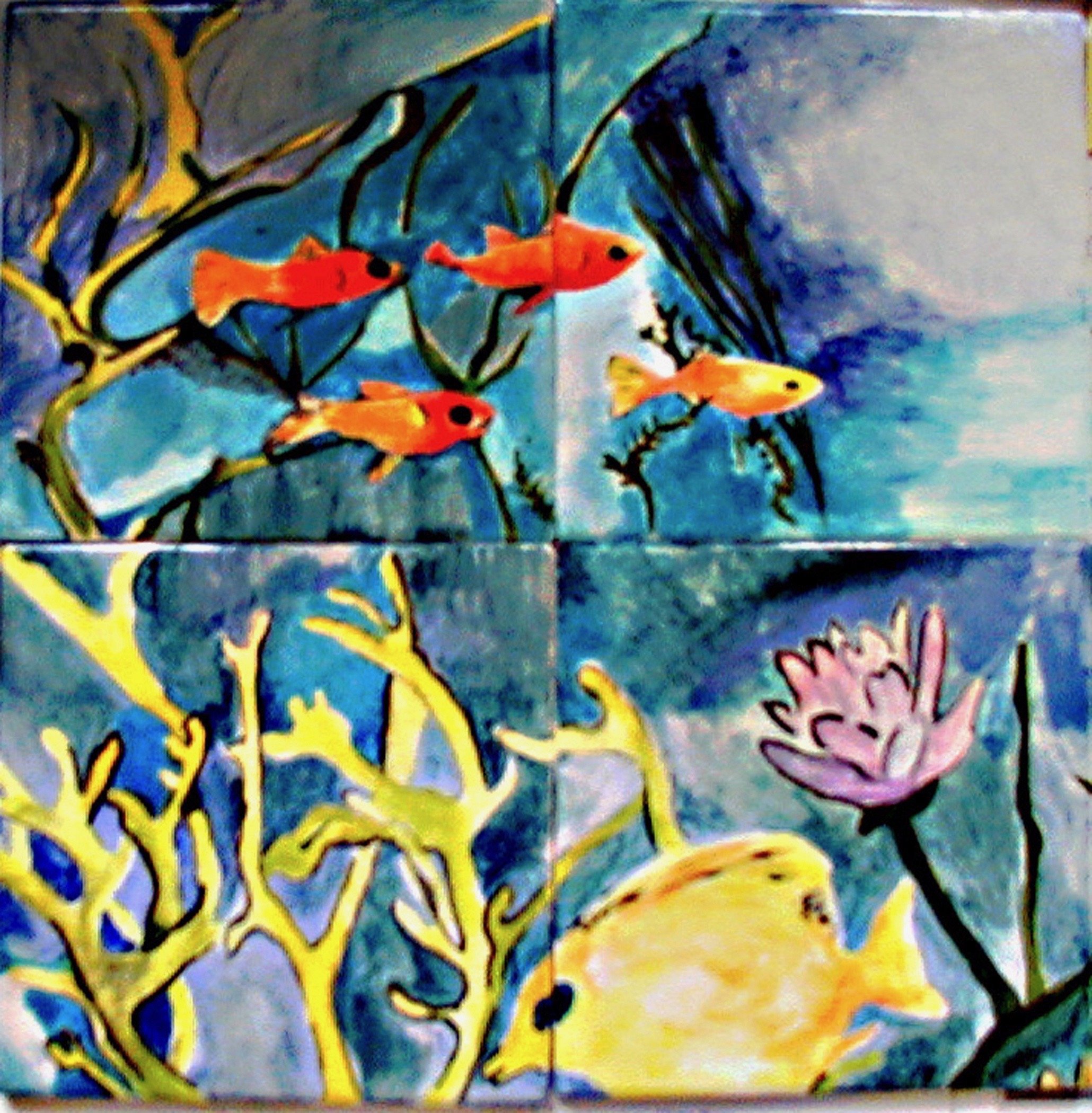 "Golden Fishes Swimming in the Ocean" 2020's, Porcelain  Ceramic tile 