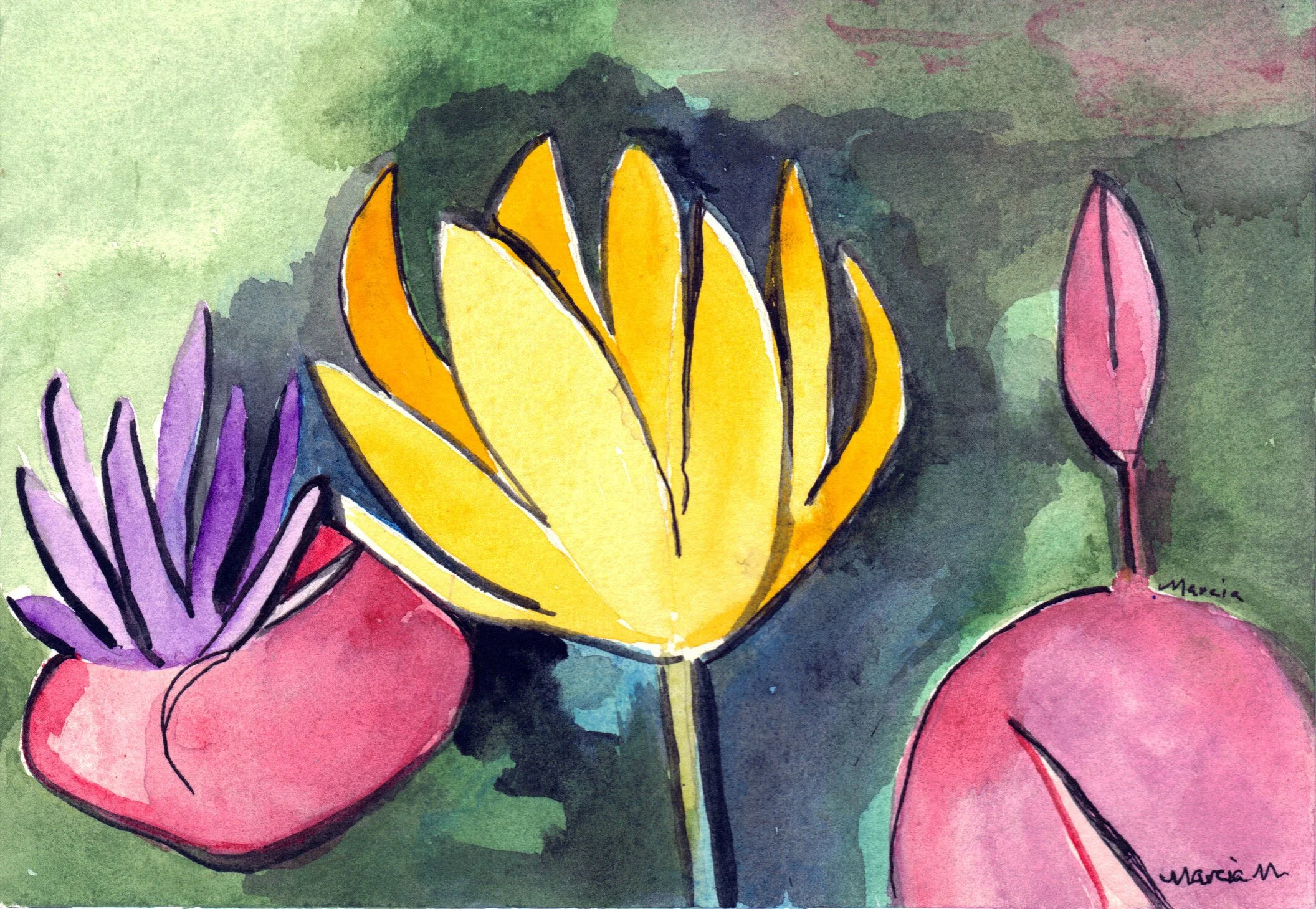 "Pink Lotus 3" 2014, Watercolor on paper